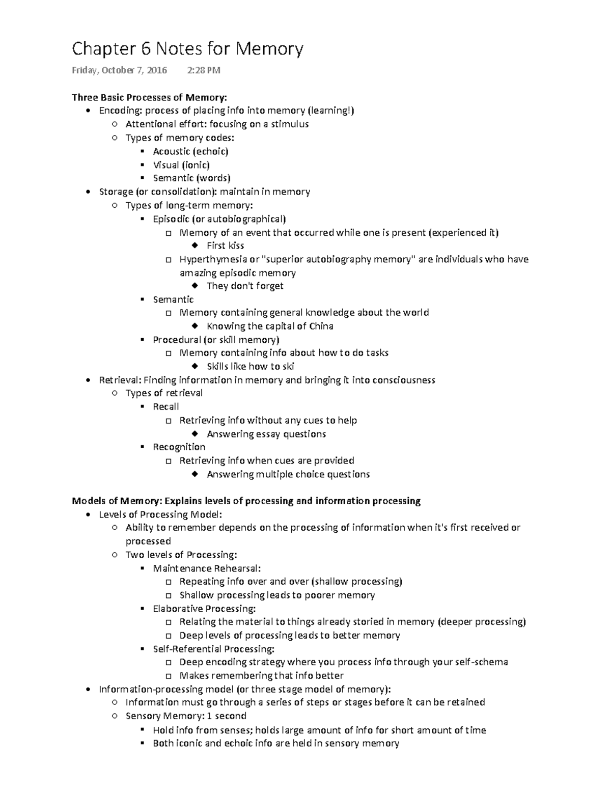 Weeks 10-10 to 10-14 notes - Chapter 6 Notes for Memory Friday, October ...