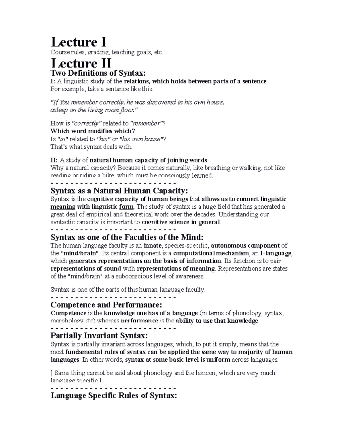 Syntax Bible - Notatki z wykładu z pierwszego semestru - Lecture I ...