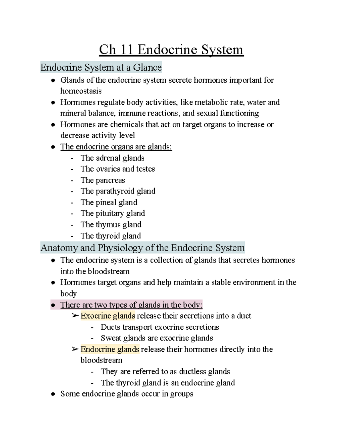 Medical Terminology Ch11 Lecture Notes Ch 11 Endocrine System