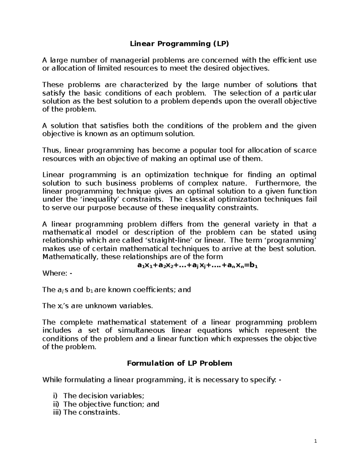 Linear Programming (LP)- Students Notes - Linear Programming (LP) A ...