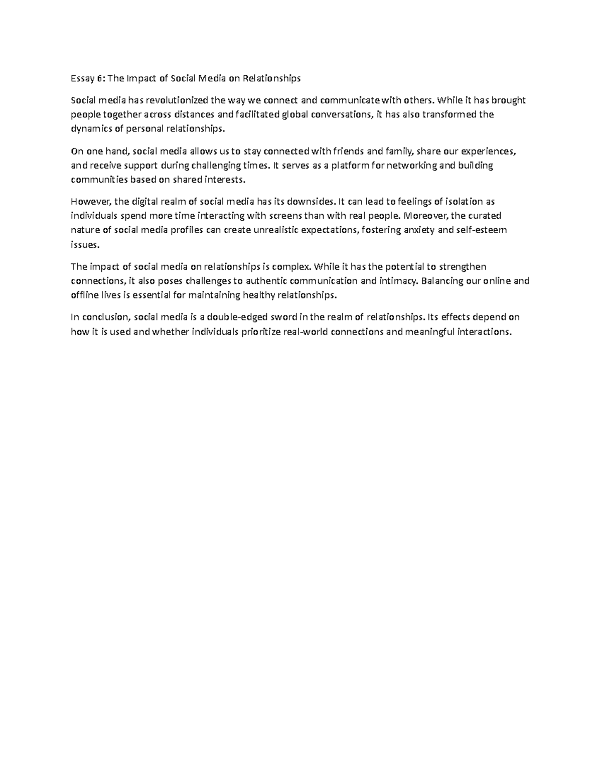 English 101 - Copy - Economics - Essay 6: The Impact of Social Media on ...