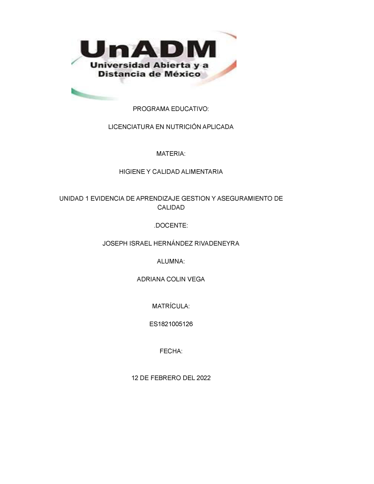 Nhca U1 Ea Adcv Evidencia De Aprendizaje Programa Educativo Licenciatura En NutriciÓn 4446