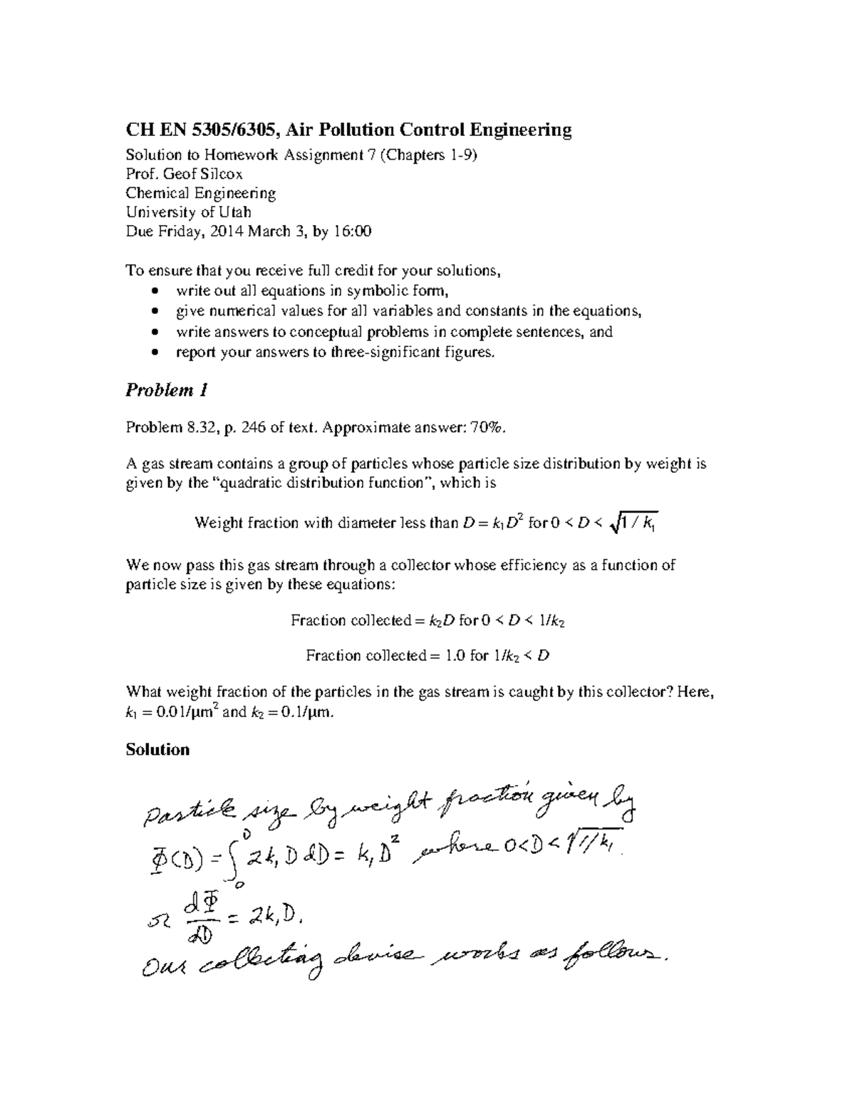 Homework 7 Solution on Air Pollution Control Engineering CH EN 5305/
