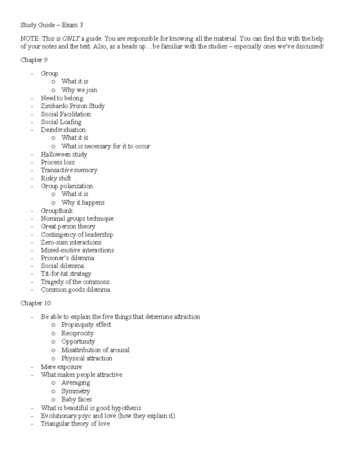 Exam3 - assignment - Study Guide – Exam 3 NOTE: This is ONLY a guide ...
