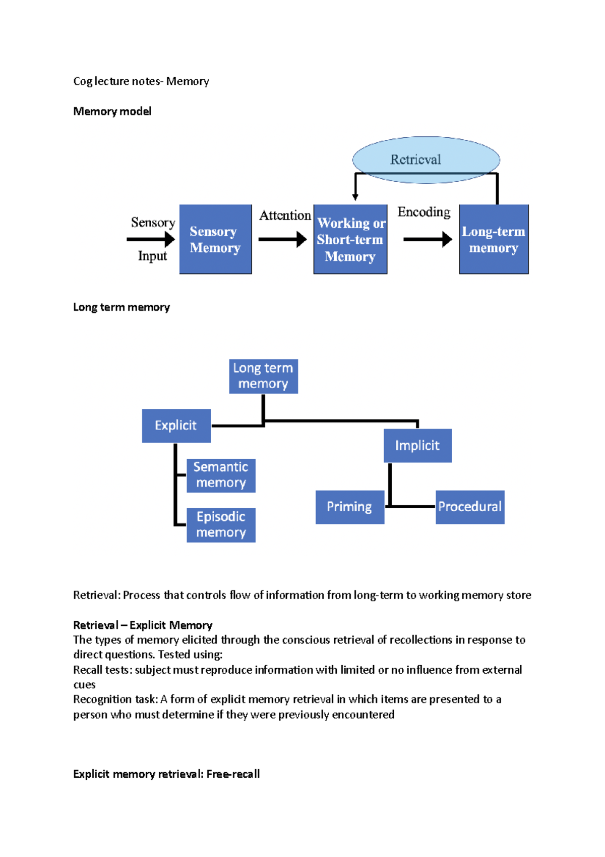 Memory lecture notes - Cog lecture notes- Memory Memory model Long term ...