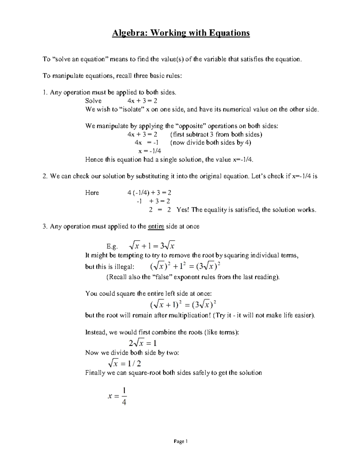 Algebra - equations - Algebra: Working with Equations To “solve an ...