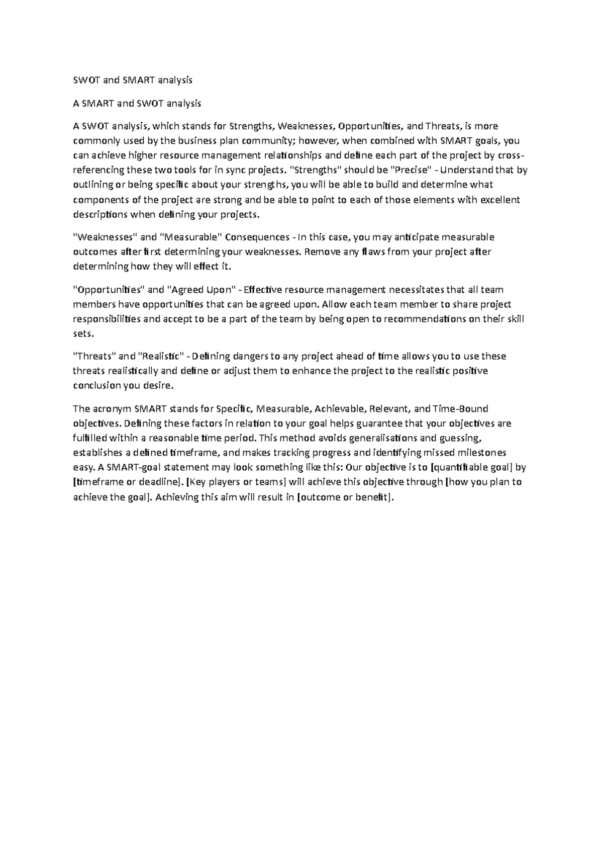SWOT and Smart analysis - SWOT and SMART analysis A SMART and SWOT ...