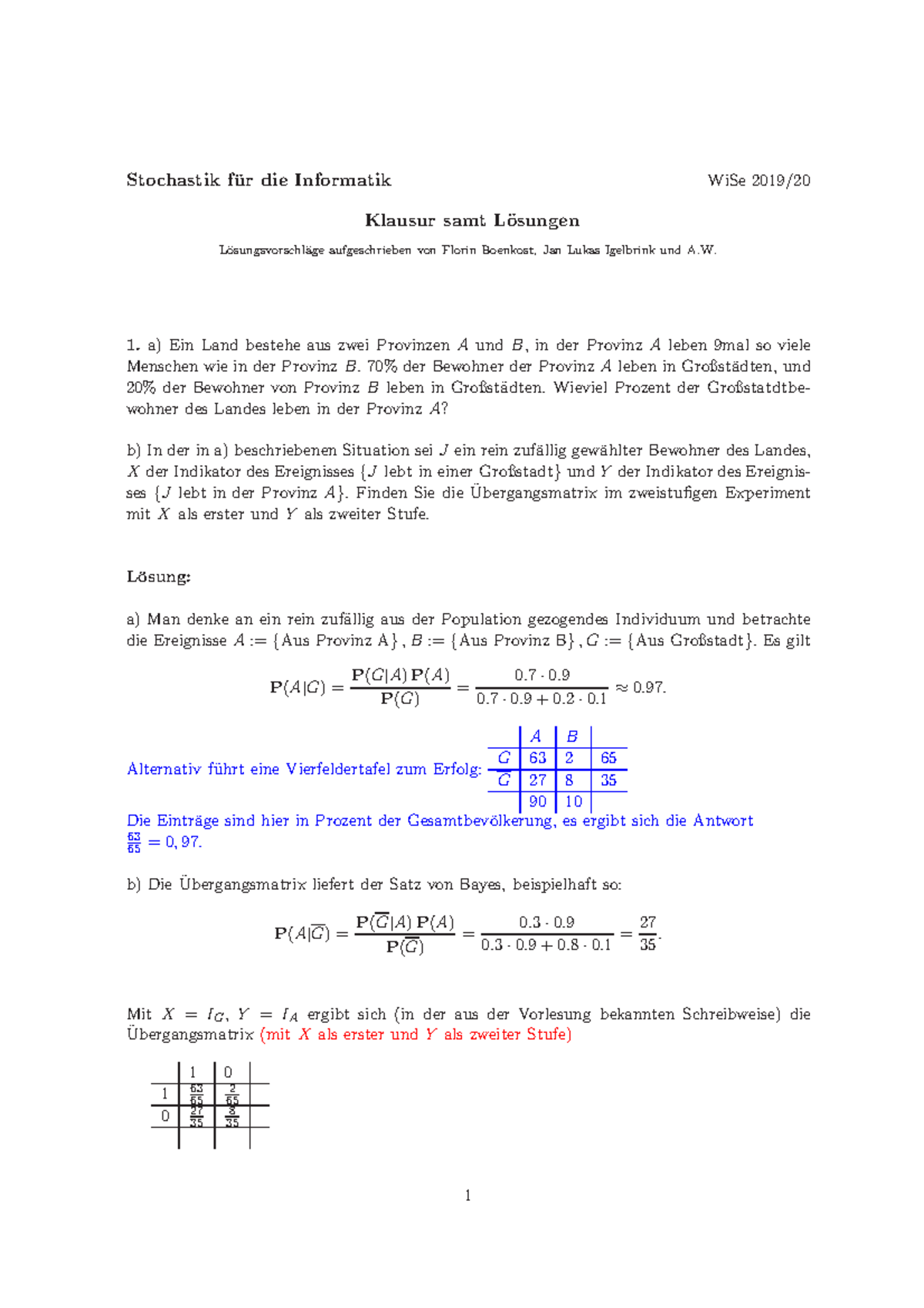 Klausur 19 20 Mit Loesungen 2 - Stochastik Fur Die Informatik ̈ WiSe ...