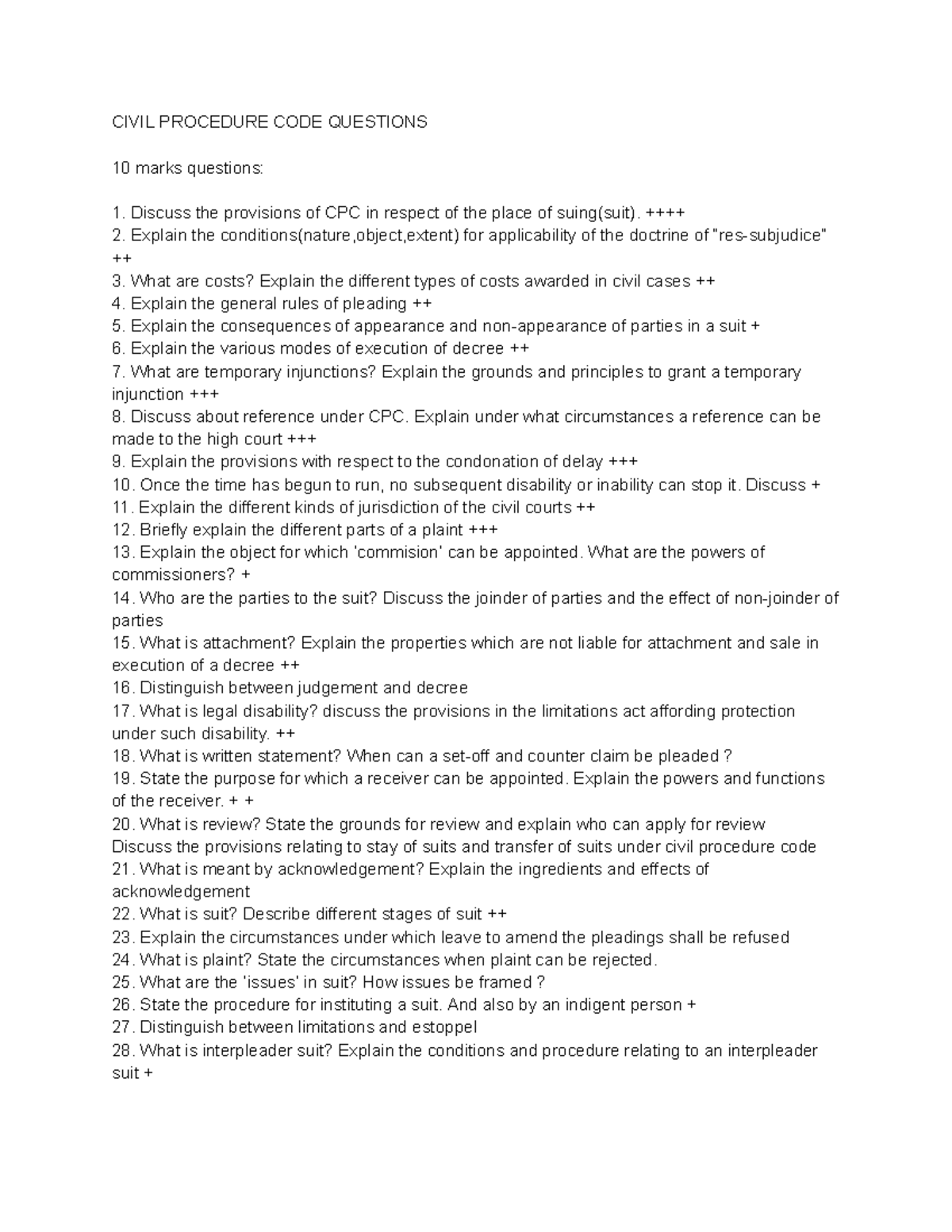 CPC QP - CIVIL PROCEDURE CODE QUESTIONS 10 marks questions: Discuss the ...