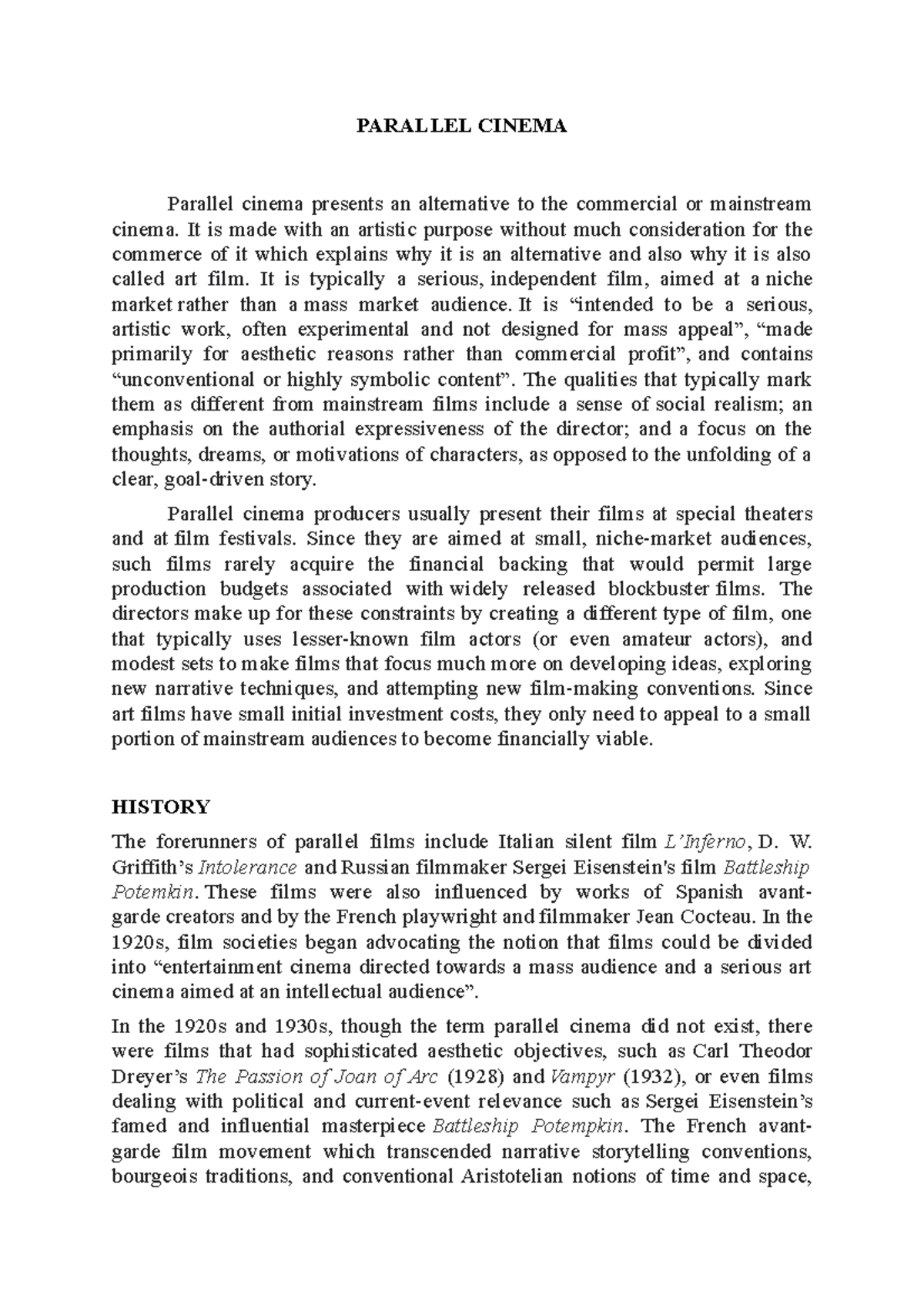 Parallel cine Students PARALLEL CINEMA Parallel cinema presents an
