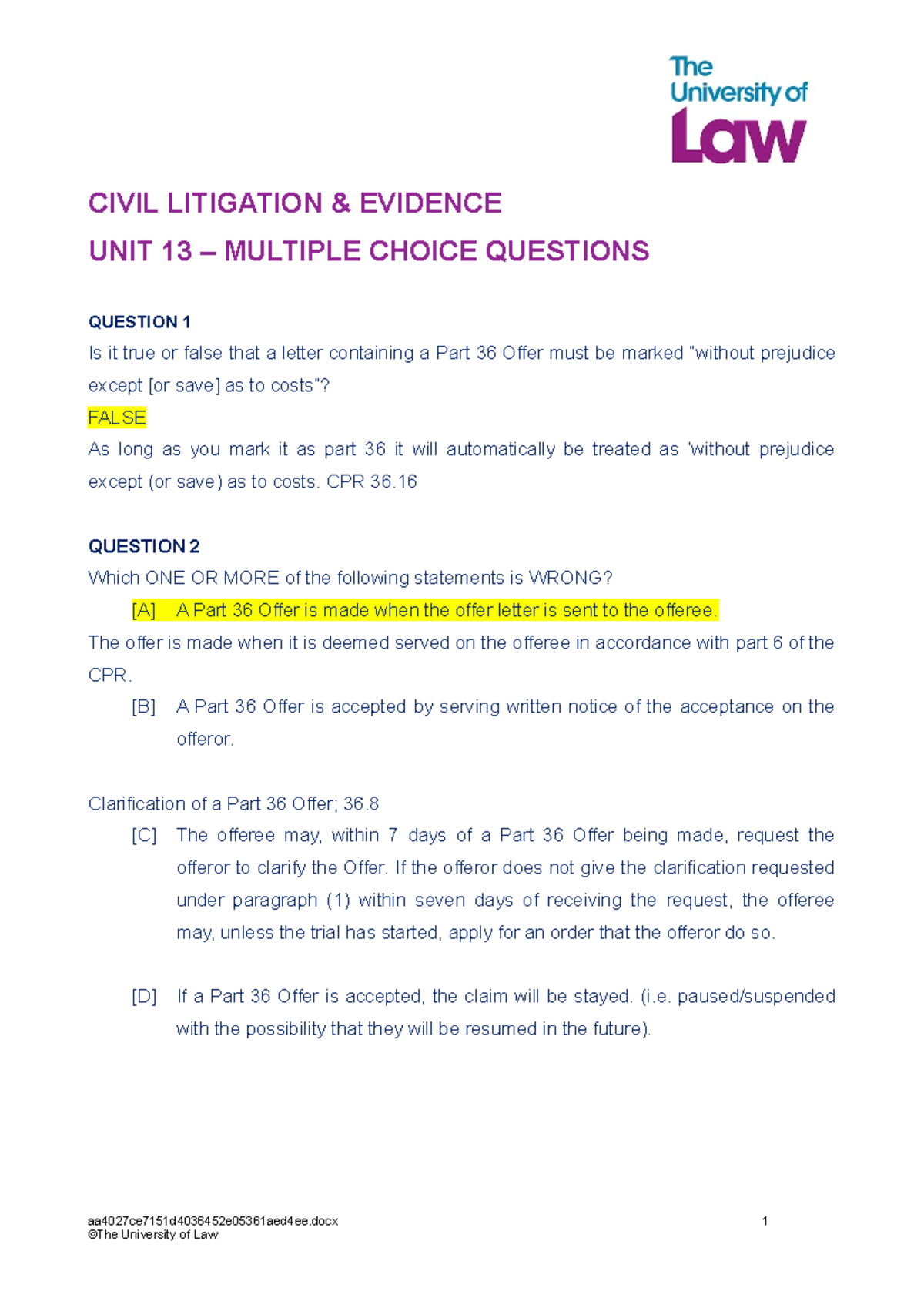 Civil Lit unit 13 part 36 MCQs - CIVIL LITIGATION & EVIDENCE UNIT 13 ...