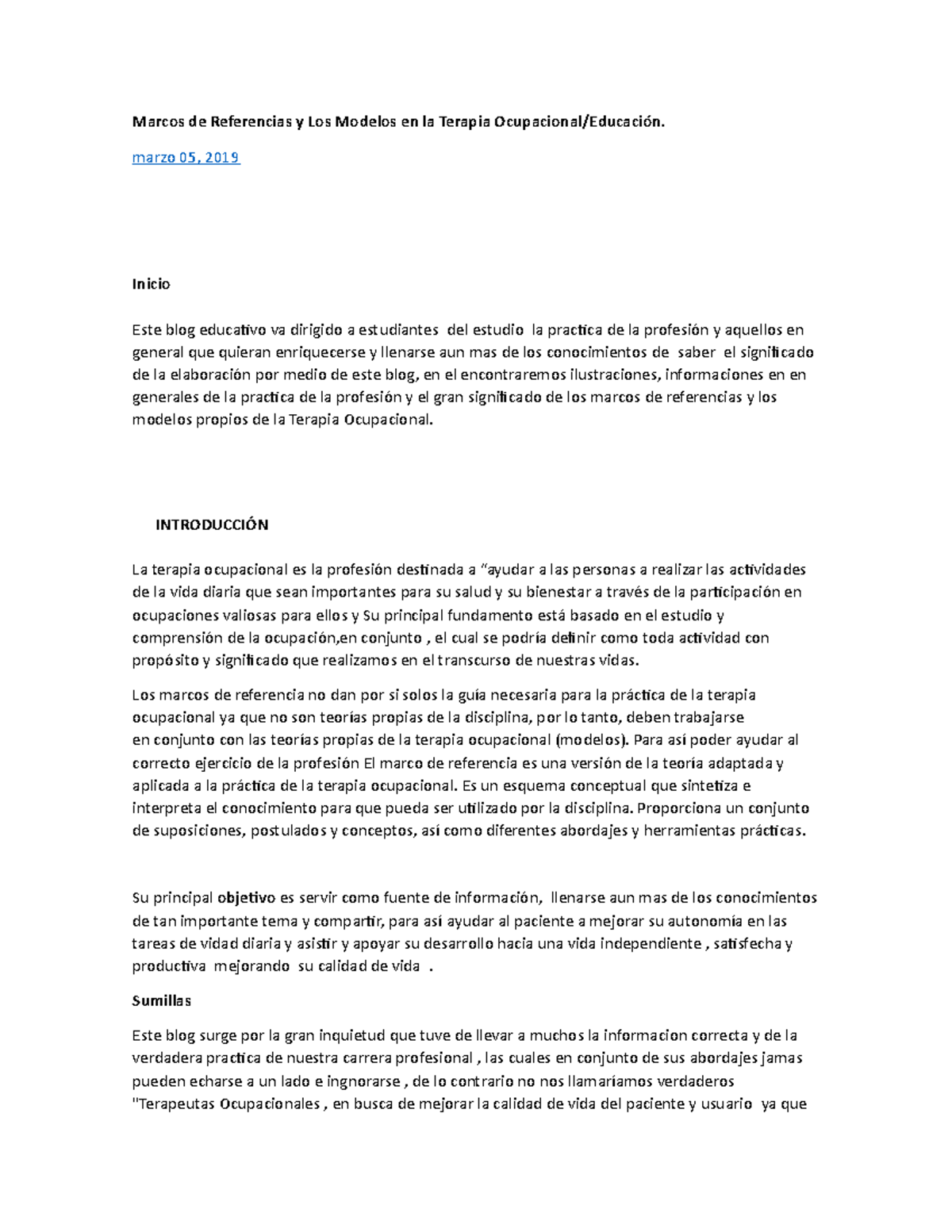 Marcos de Referencias y Los Modelos en la Terapia Ocupacional - marzo 05,  2019 Inicio Este blog - Studocu