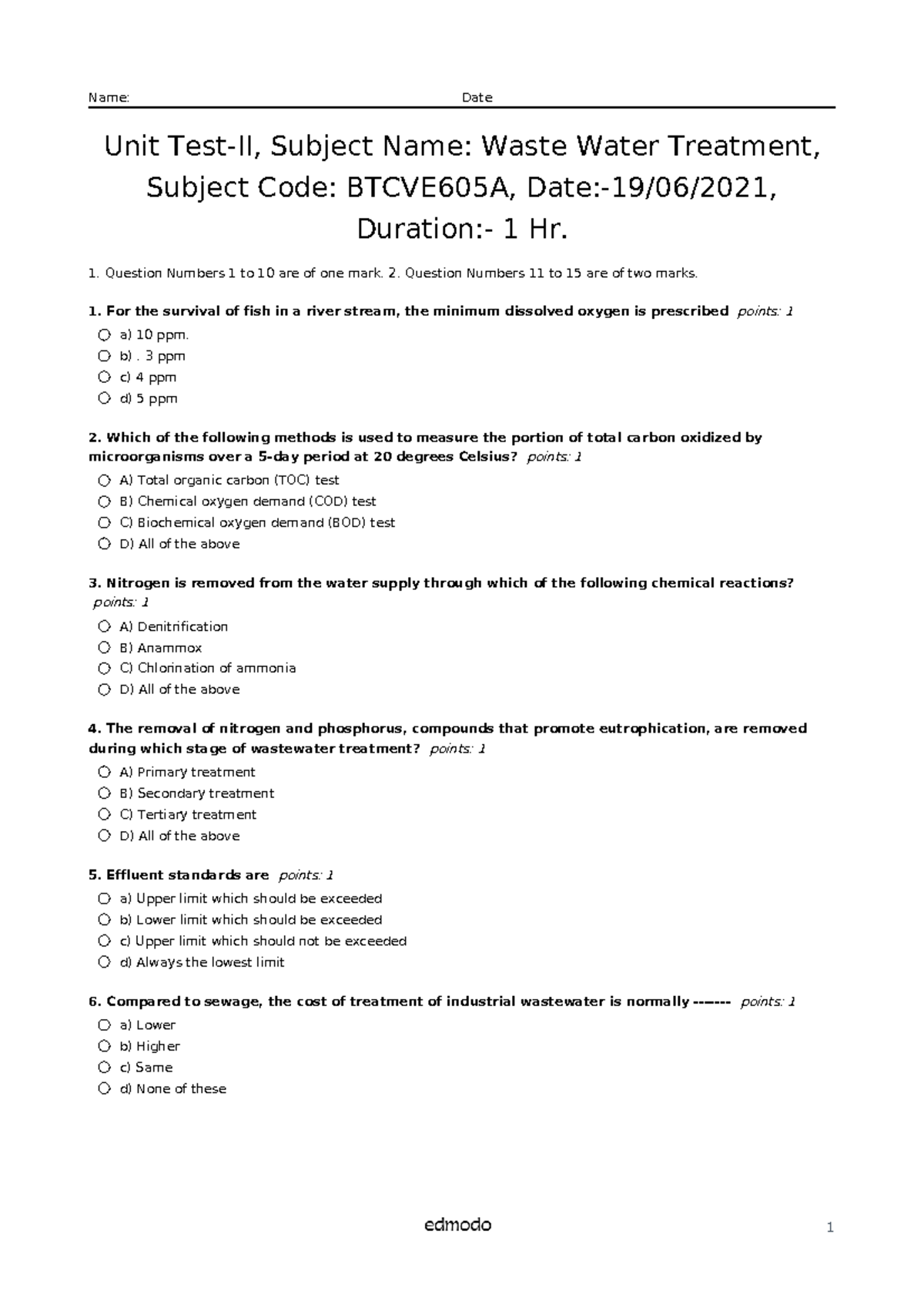 Unit TestII, Waste Water Treatment Name Date Unit TestII, Subject