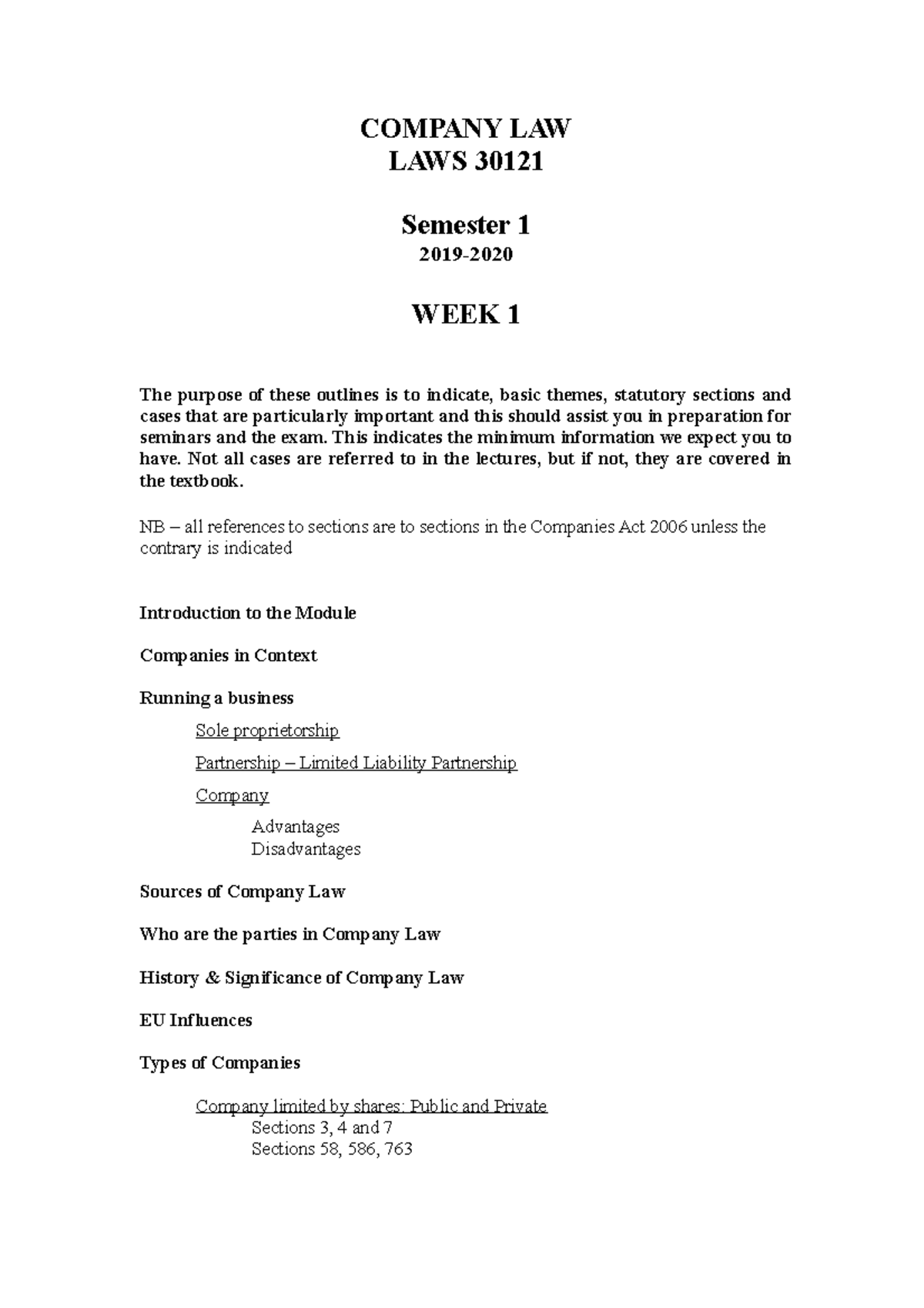 Week 1 - Lecture Outline(1)(1) - COMPANY LAW LAWS 30121 Semester 1 2019 ...