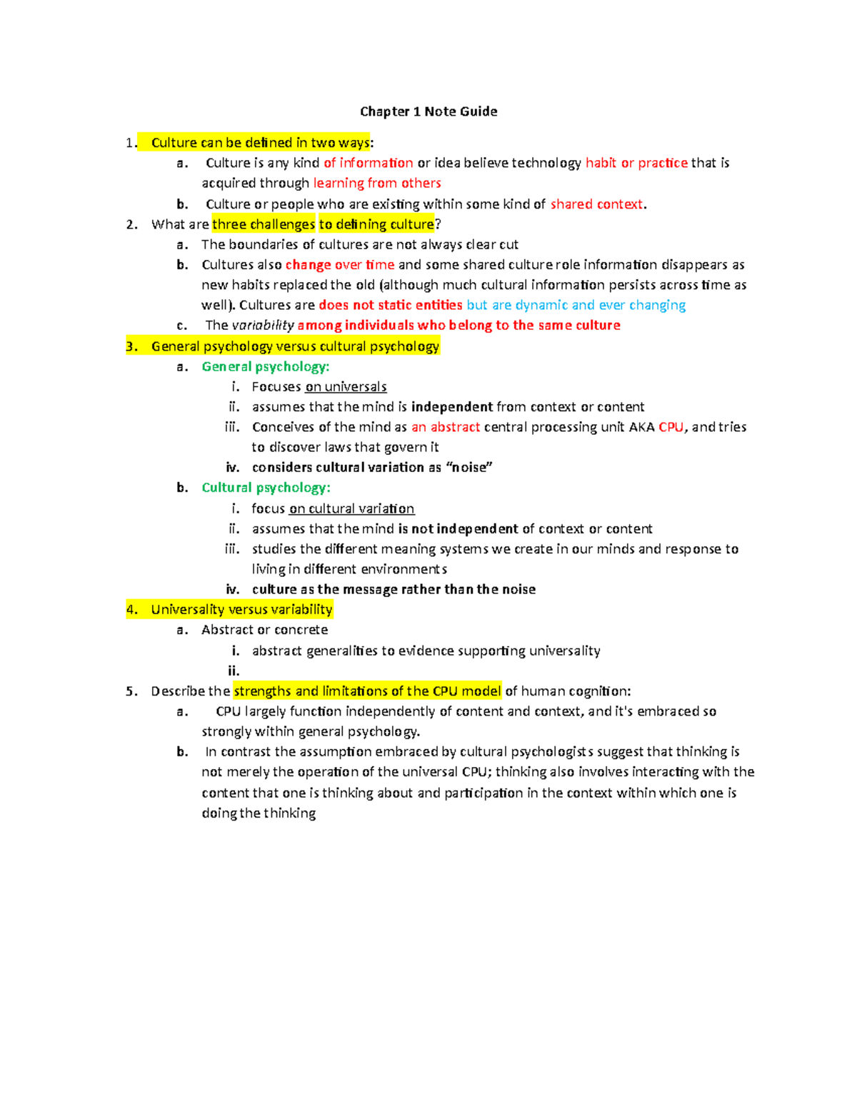 Chapter 1 Notes - Chapter 1 Note Guide Culture can be defined in two ...