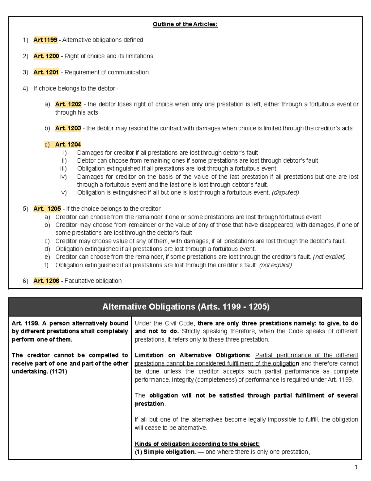 Law On Obligations And Contracts Notes - Alternative Obligations And ...