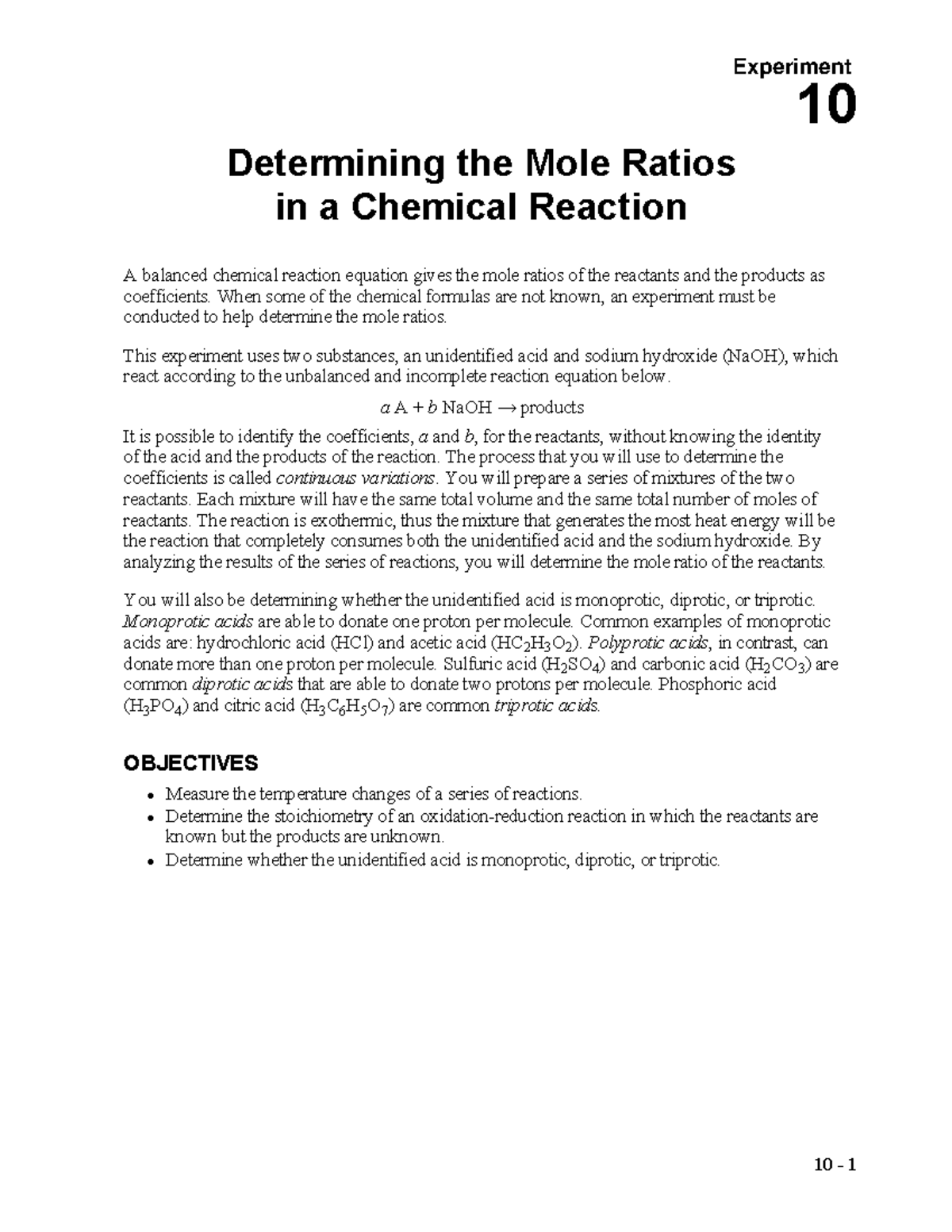 Experiment 10 - Mole Ratio - Determining the Mole Ratios in a Chemical ...