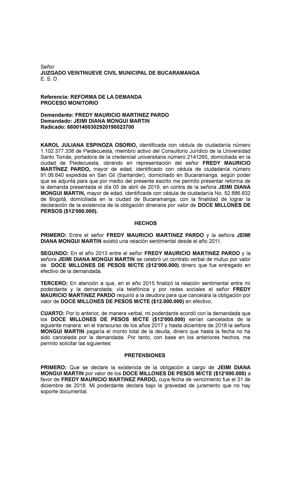 Demanda Proceso Monitorio - Señor JUZGADO VEINTINUEVE CIVIL MUNICIPAL DE  BUCARAMANGA E. S. D - Studocu