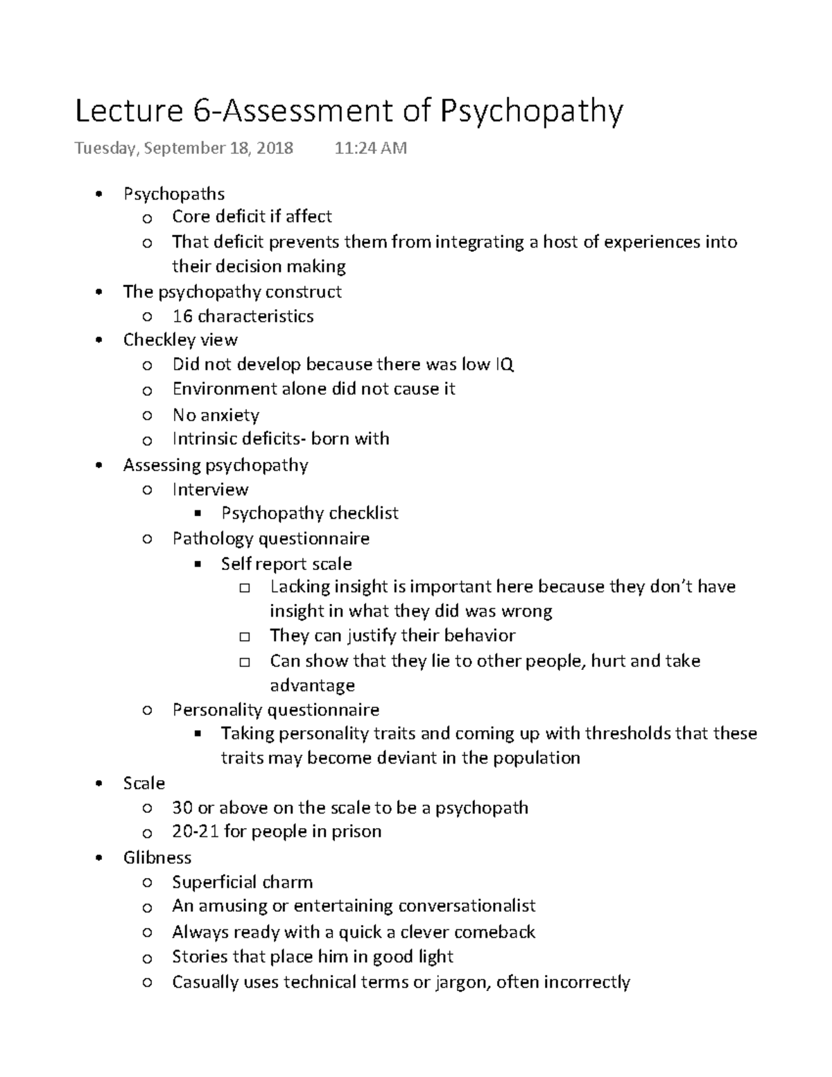 Lecture 6-Assessment of Psychopathy - Psychopaths Core deficit if ...