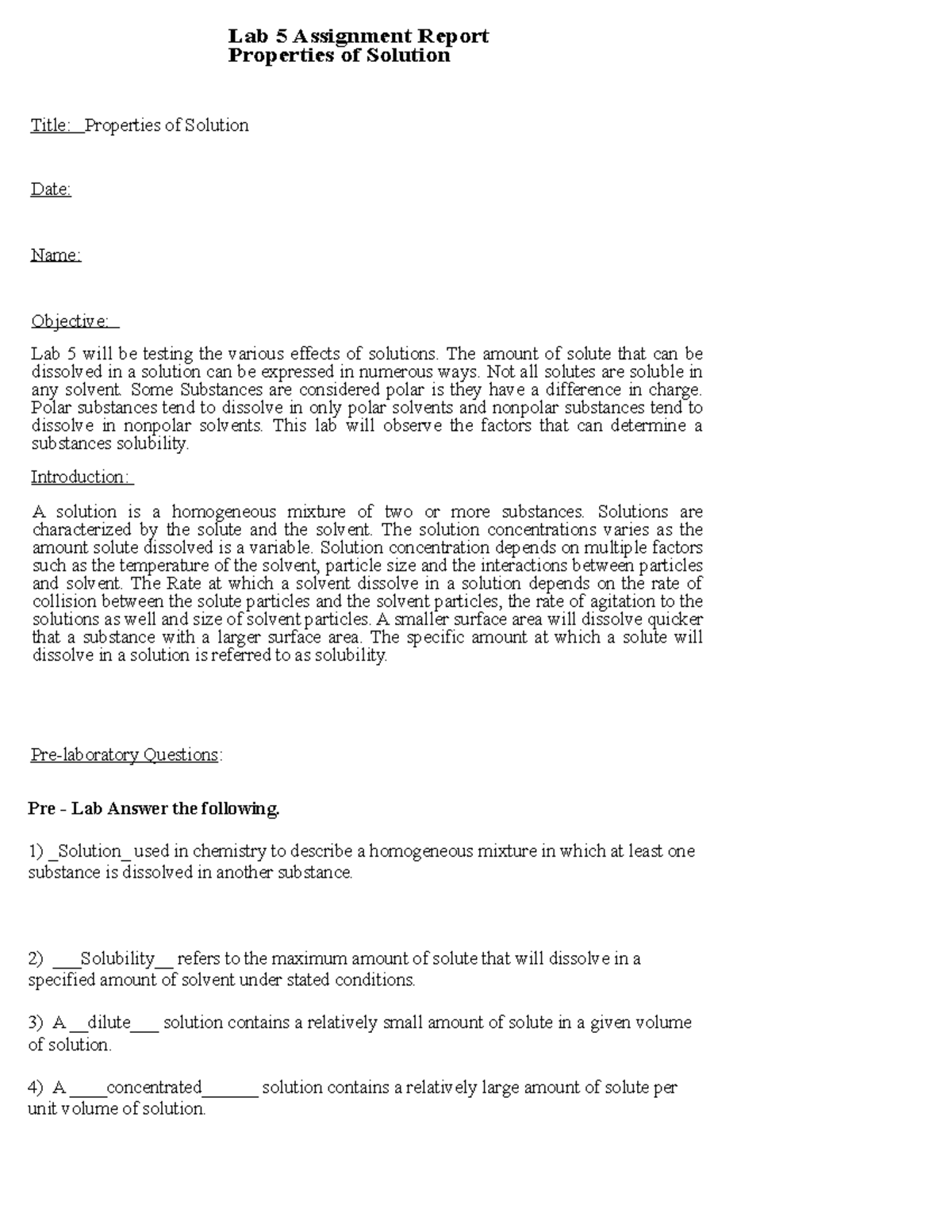 Lab 5 Properties of Solution Lab 5 Assignment Report Properties of