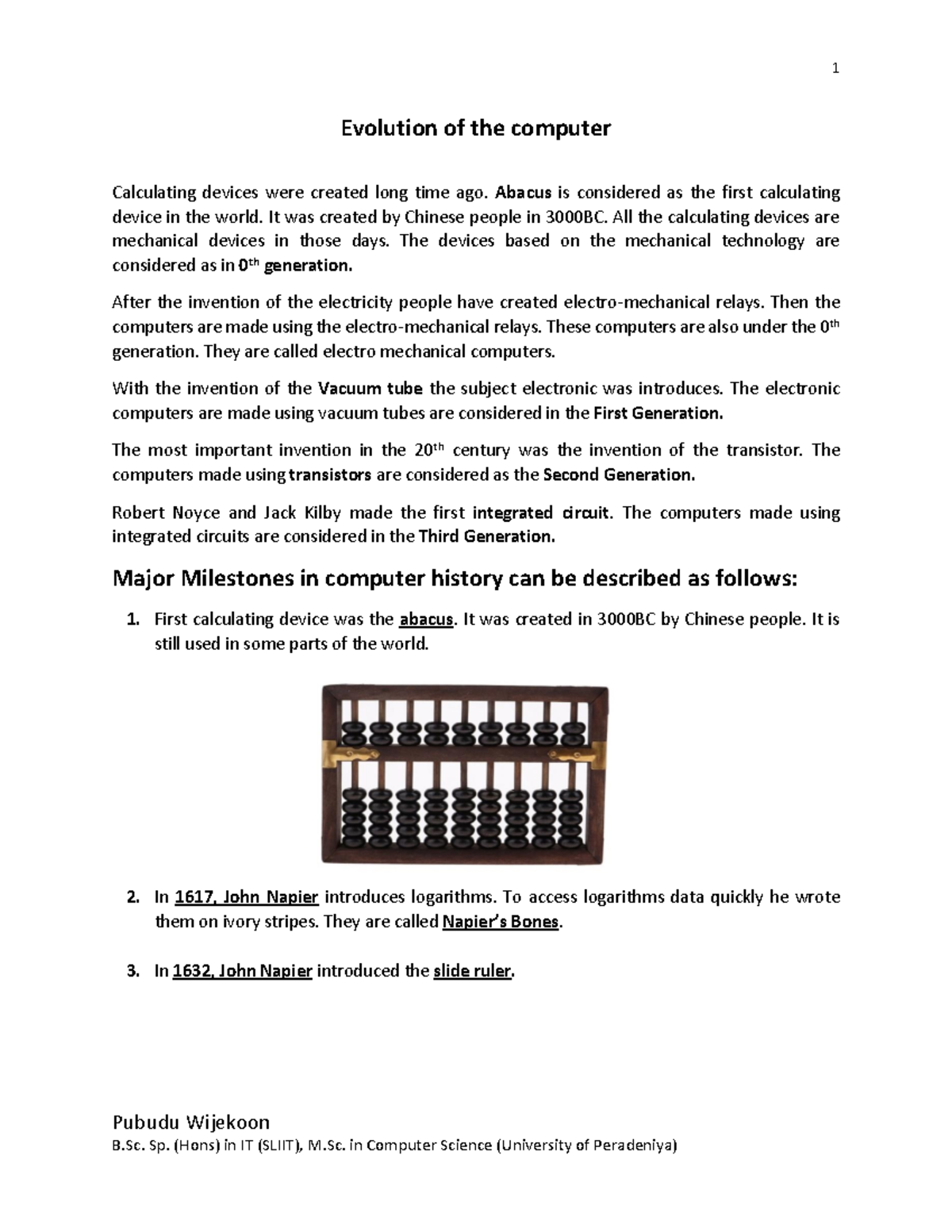 Evolution Of Computer Notes - 01 - Pubudu Wijekoon Evolution of the ...