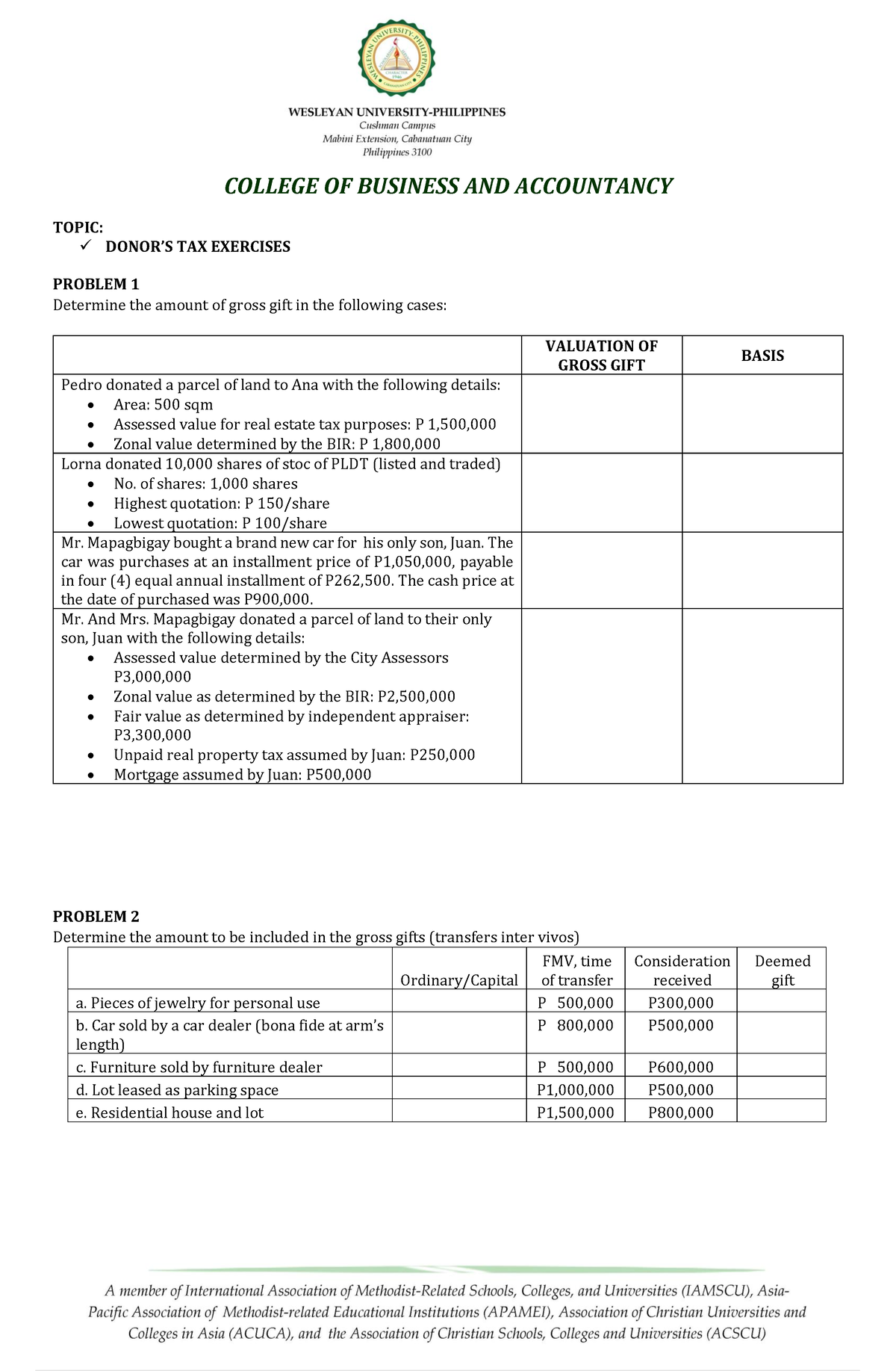 Module 10 - Donor's Tax Exercises - COLLEGE OF BUSINESS AND ACCOUNTANCY ...