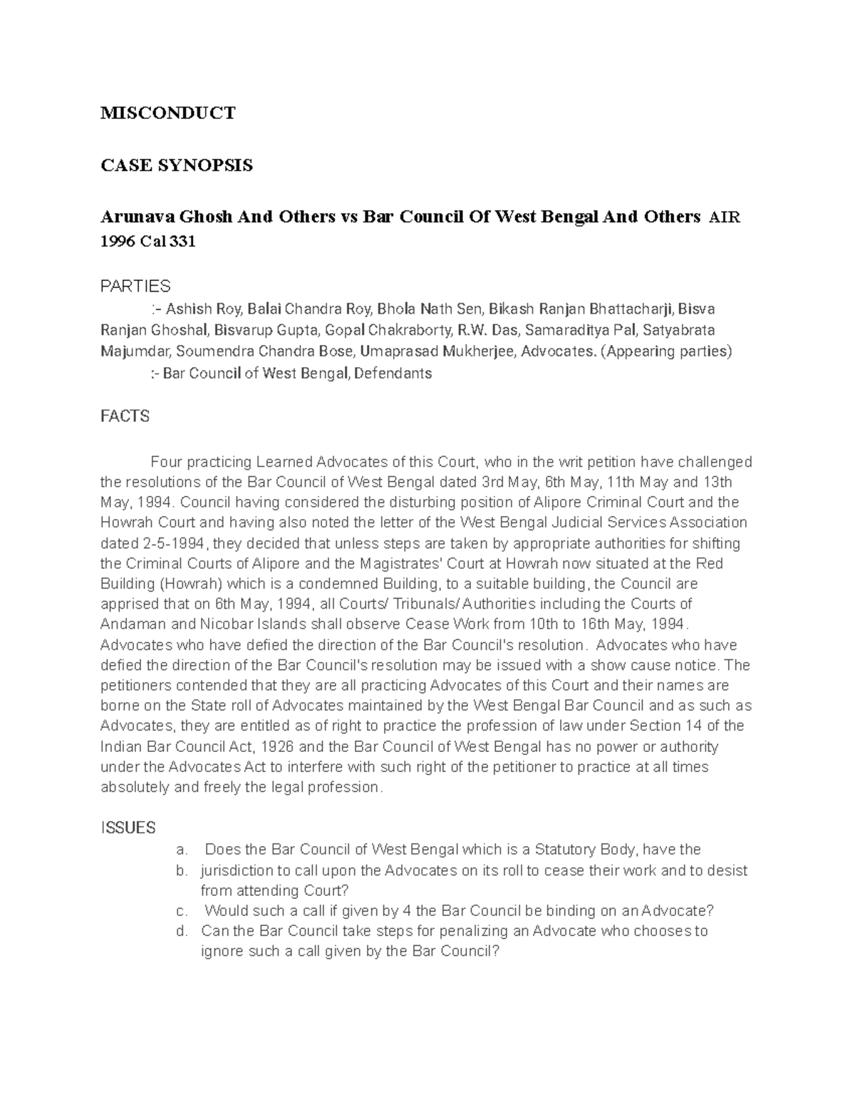 Misconduct 1 It Is A Case Law MISCONDUCT CASE SYNOPSIS Arunava