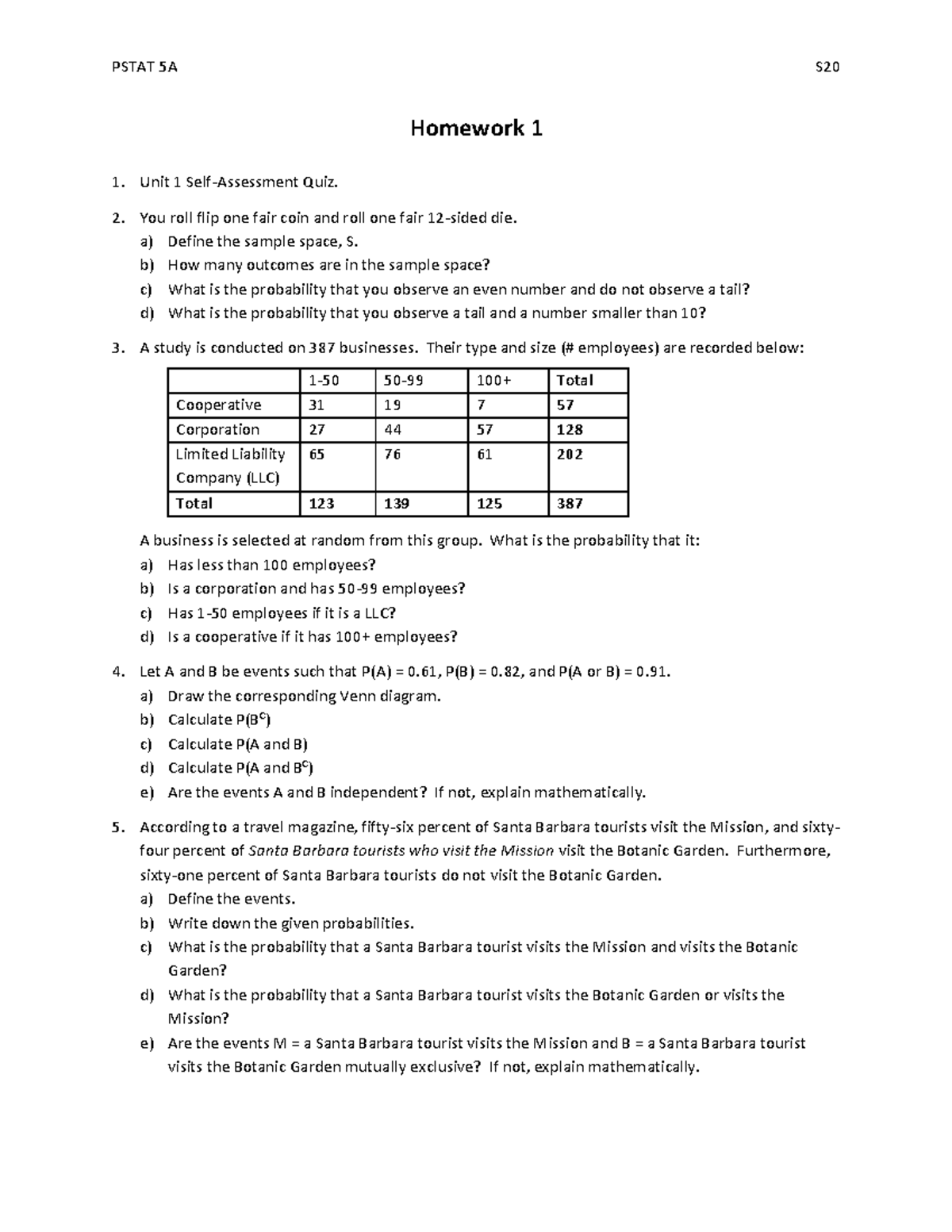 HW1 - Dr. Julie Swenson - Warning: TT: undefined function: 32 PSTAT 5A ...