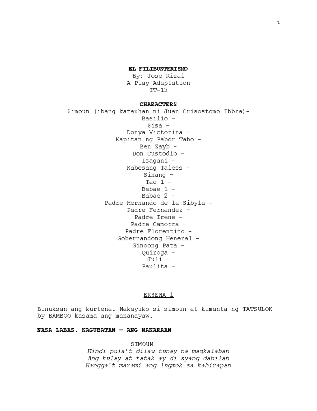 EL Filibusterismo Script 1 1 2 1 1 1 - EL FILIBUSTERISMO By: Jose Rizal ...