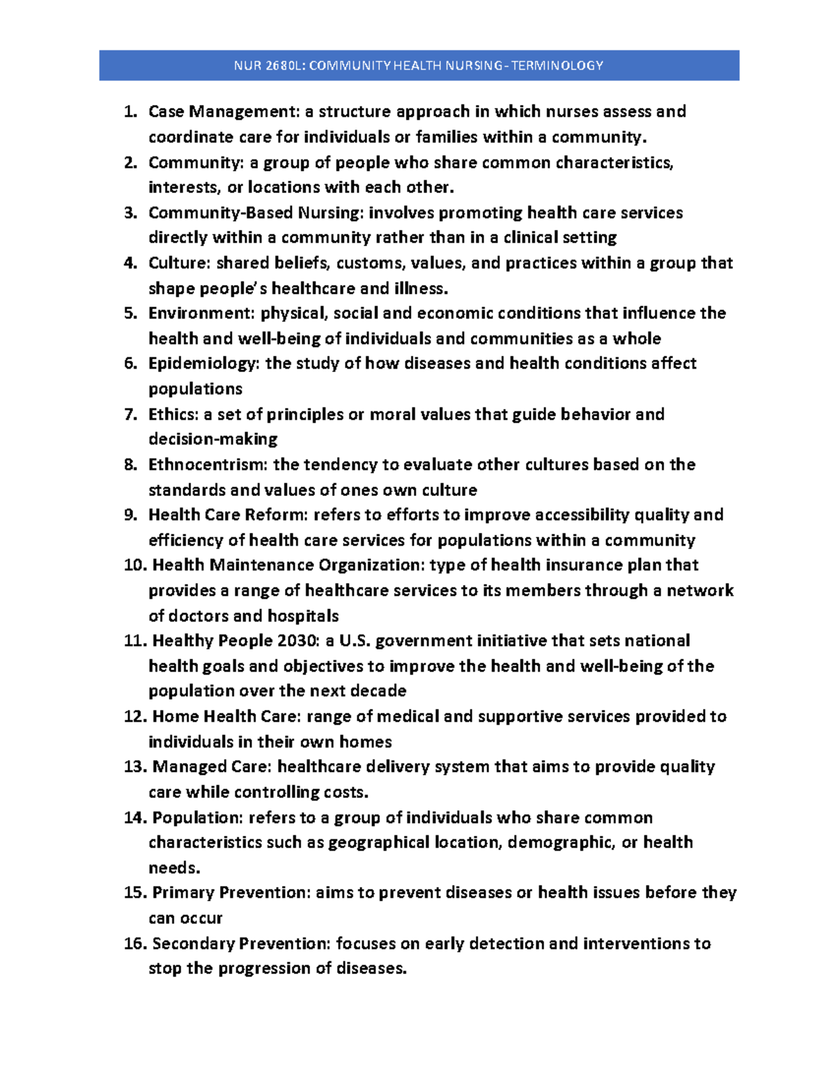 Terminology Community Health Nursing - NUR 2680L: COMMUNITY HEALTH ...