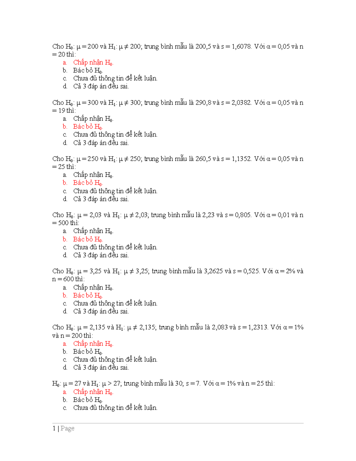 TN XSTK ltxstk Cho H 0 μ = 200 và H 1 μ ≠ 200; trung bình mẫu