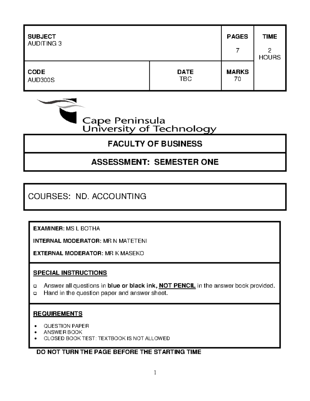 AUD3 June Test 2019 (Moderated) - FACULTY OF BUSINESS ASSESSMENT ...