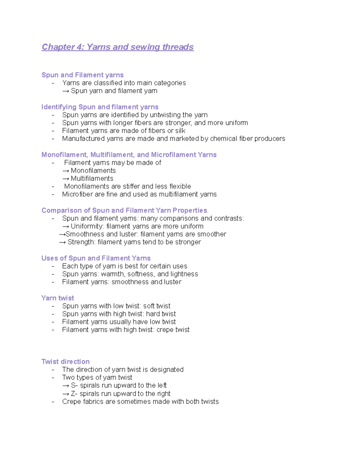 TS110- Notes - Lecture on Yarns and sewing threads - Chapter 4: Yarns ...