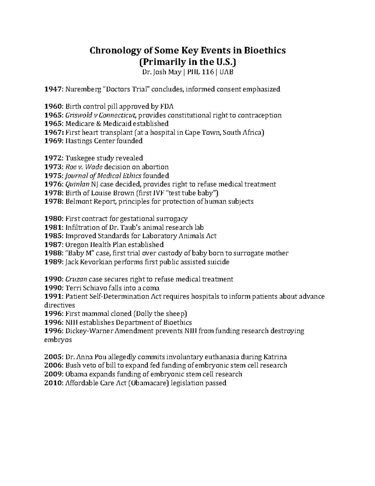 Chronology of Events in Bioethics - Chronology of Some Key Events in ...