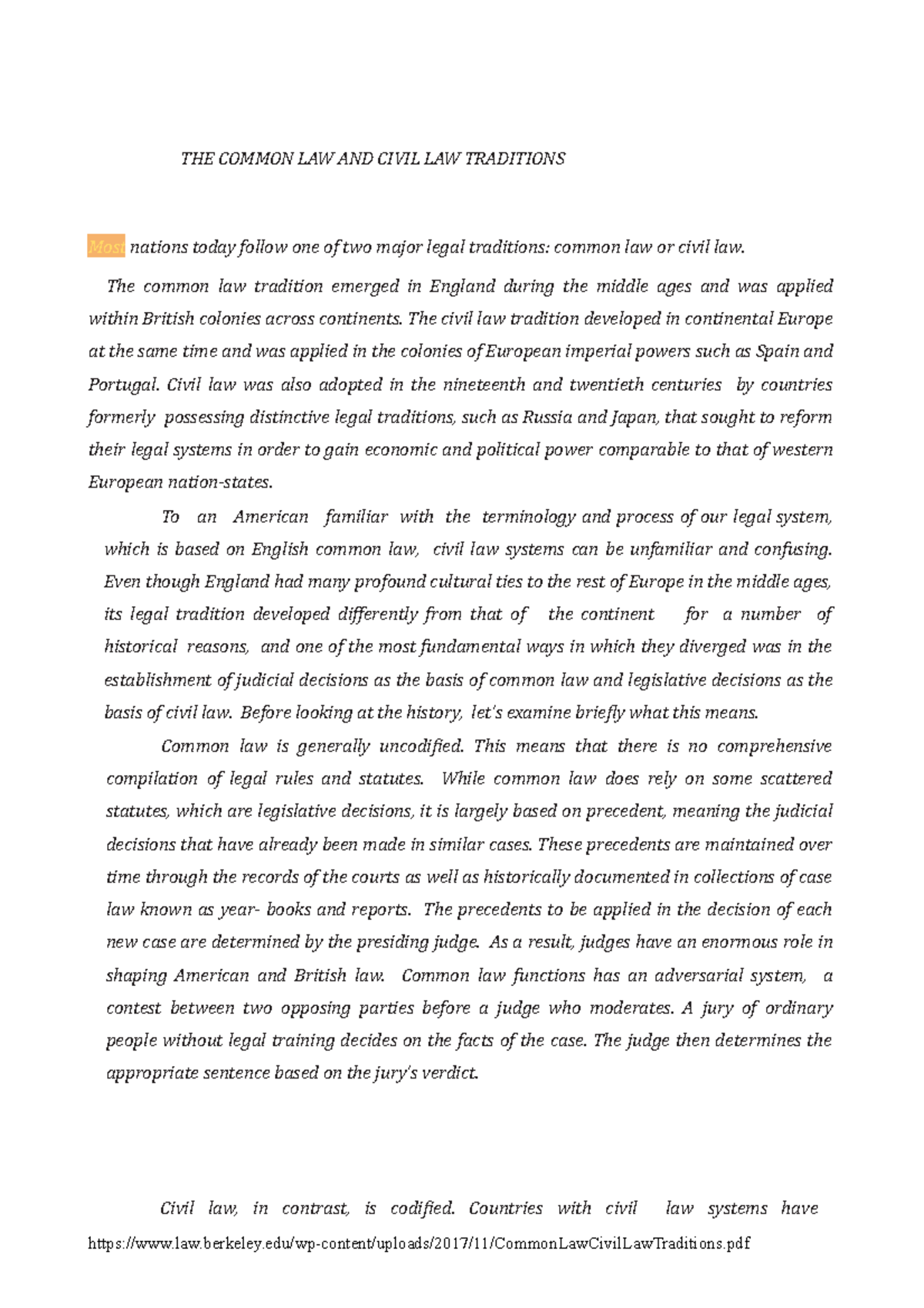Common Law VS Civil Law - THE COMMON LAW AND CIVIL LAW TRADITIONS Most ...