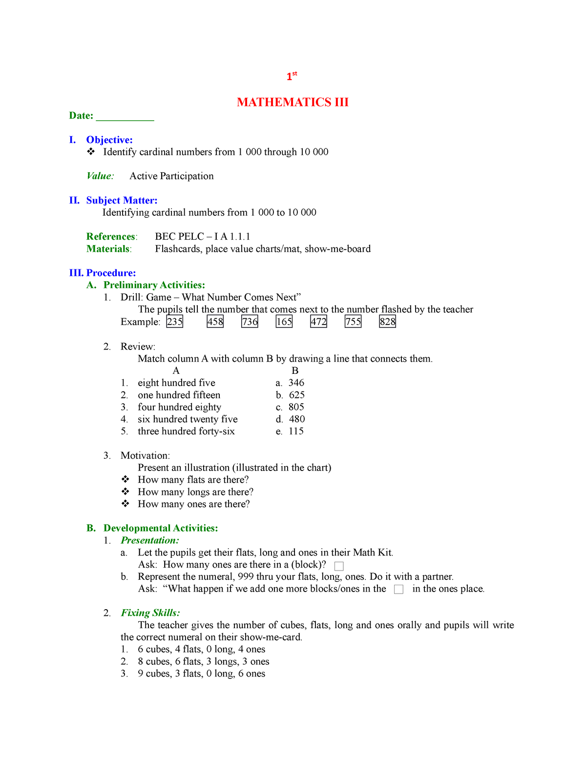 DLP Mathematics 3 Q1-Q4 - 1 St MATHEMATICS III Date: ___________ I ...