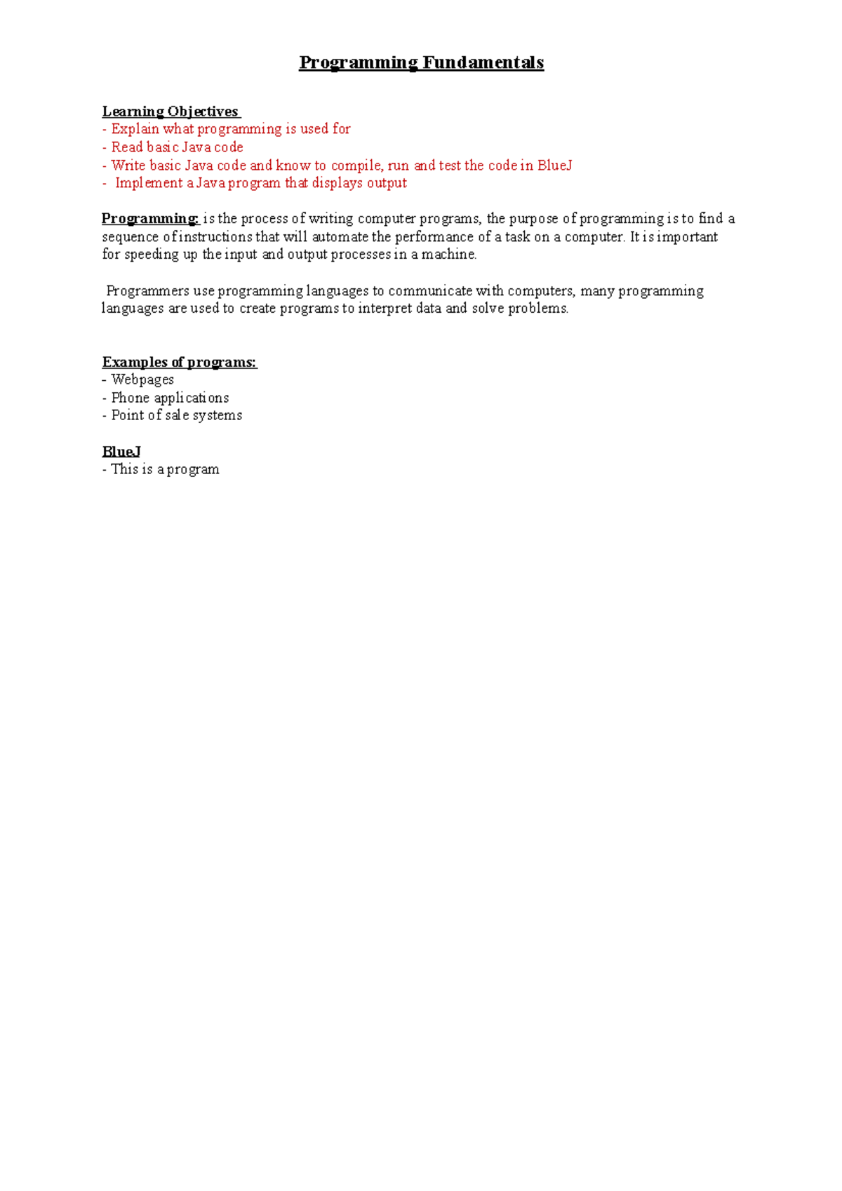 Week 1 - Notes - Programming Fundamentals Learning Objectives Explain ...