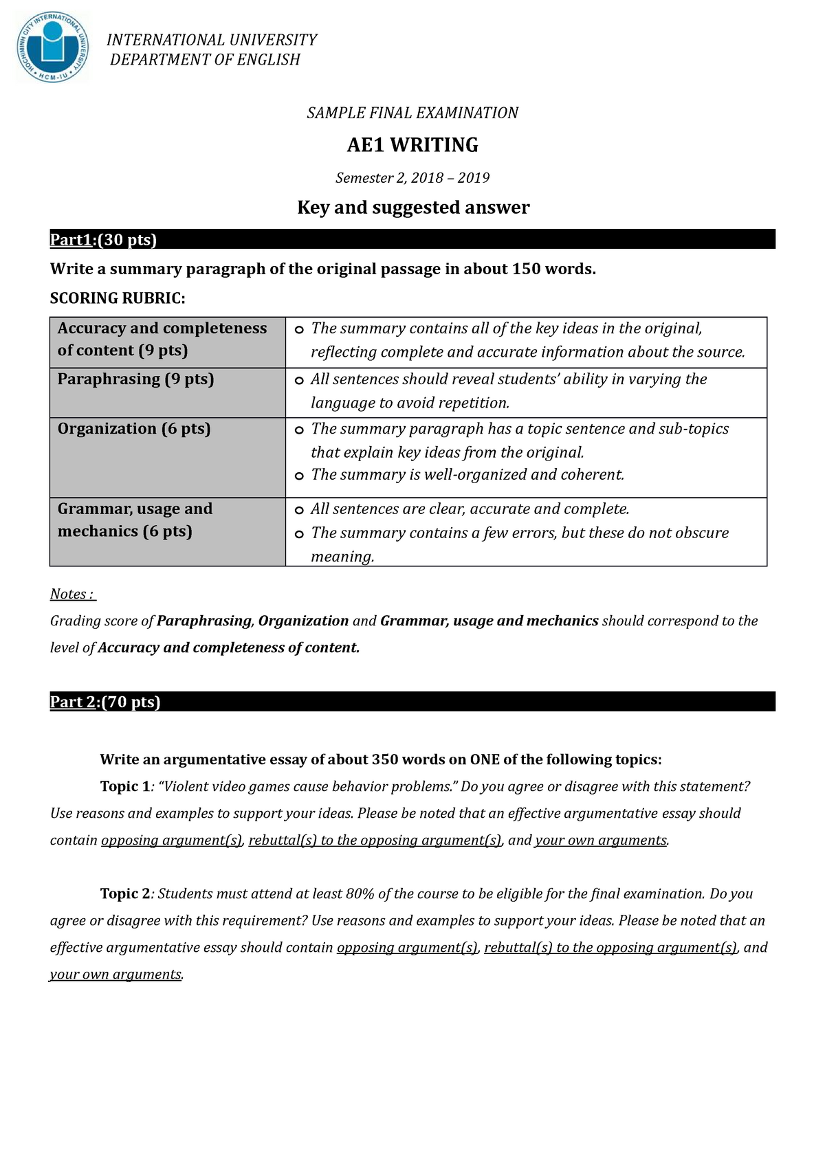 AE1 Writing Final - sample test (Scoring rubrics) - Writing AE2 ...