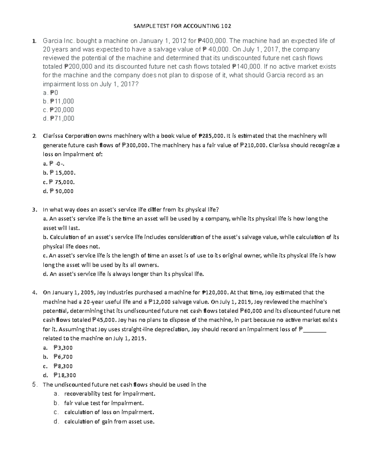 TEST 15 August, questions and answers - SAMPLE TEST FOR ACCOUNTING 102 ...