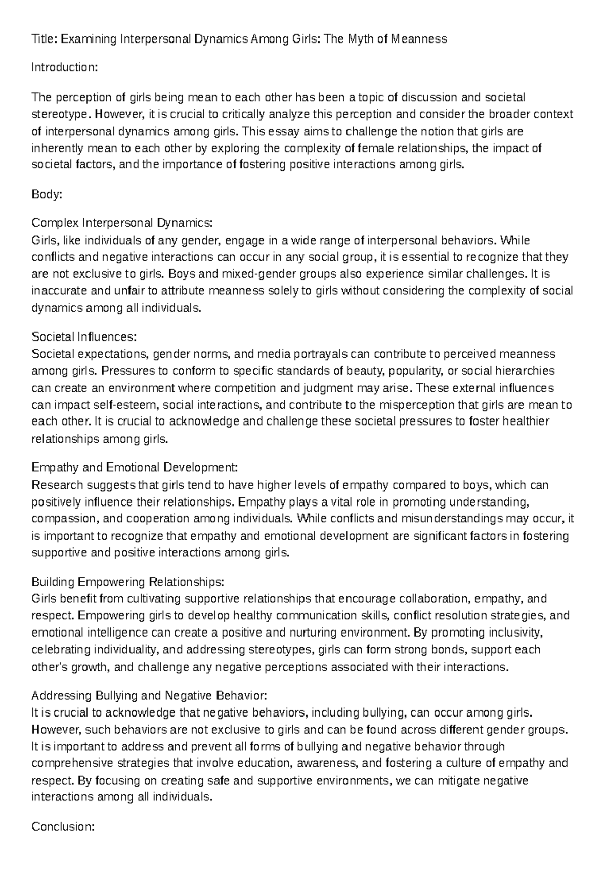 Title Examining Interpersonal Dynamics Among Girls The Myth of Meanness ...