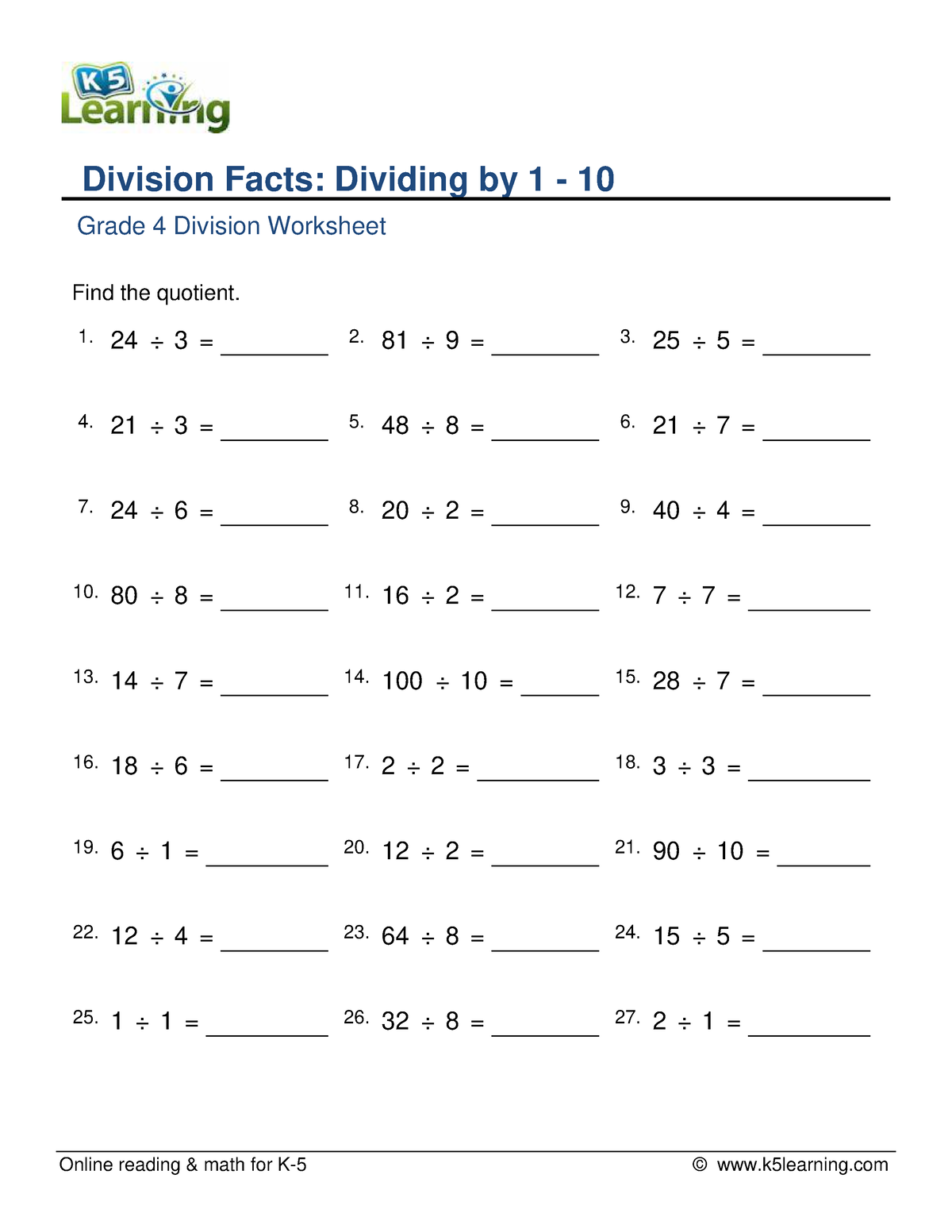 Grade 4 division facts 1 to 10 c - Online reading & math for K-5 ...