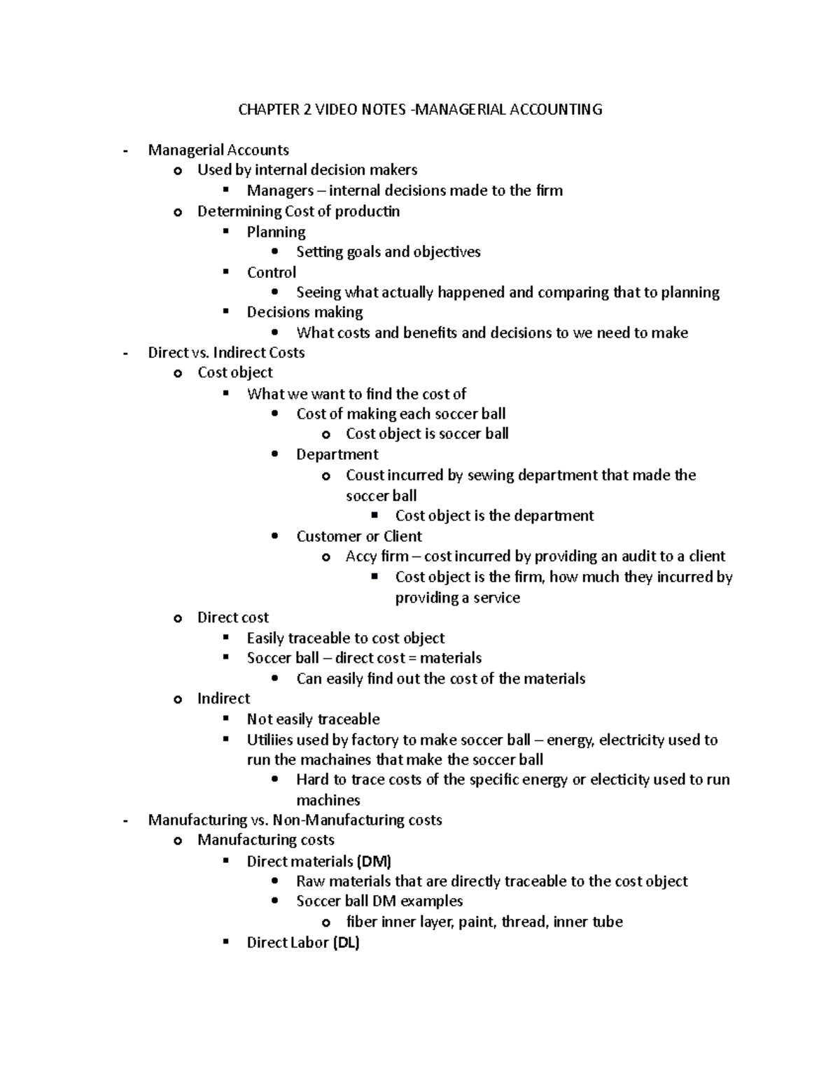 Chapter 2 Video Notes - managerial accounting, cost object ...