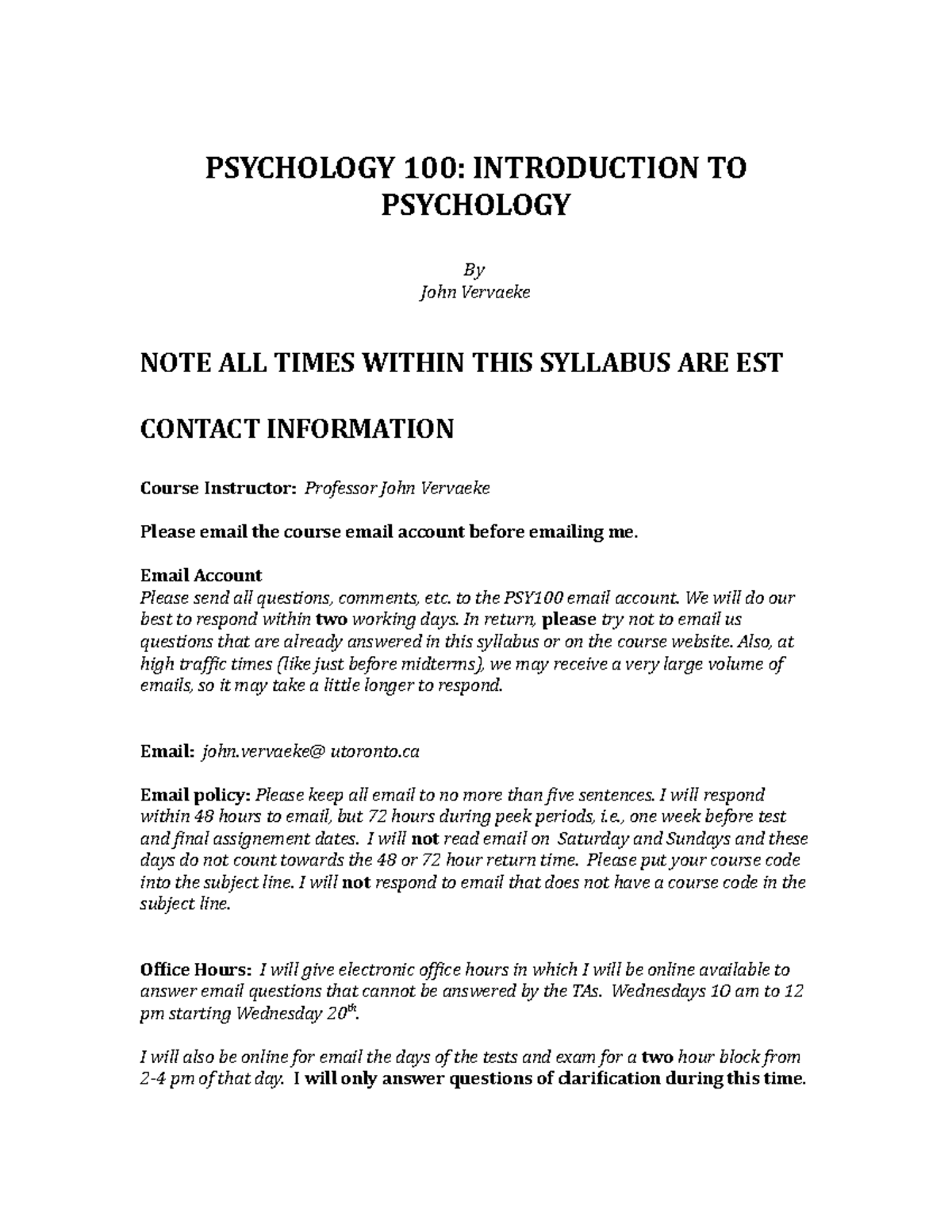 Psychology 100: Introduction To Psychology - Course Information ...