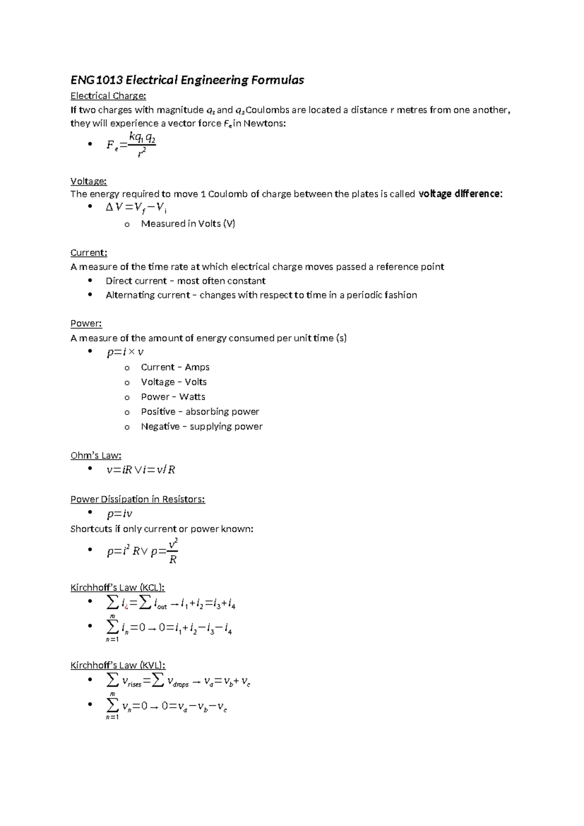 Weeks 6 10 Formula Summary - ENG1013 Electrical Engineering Formulas ...