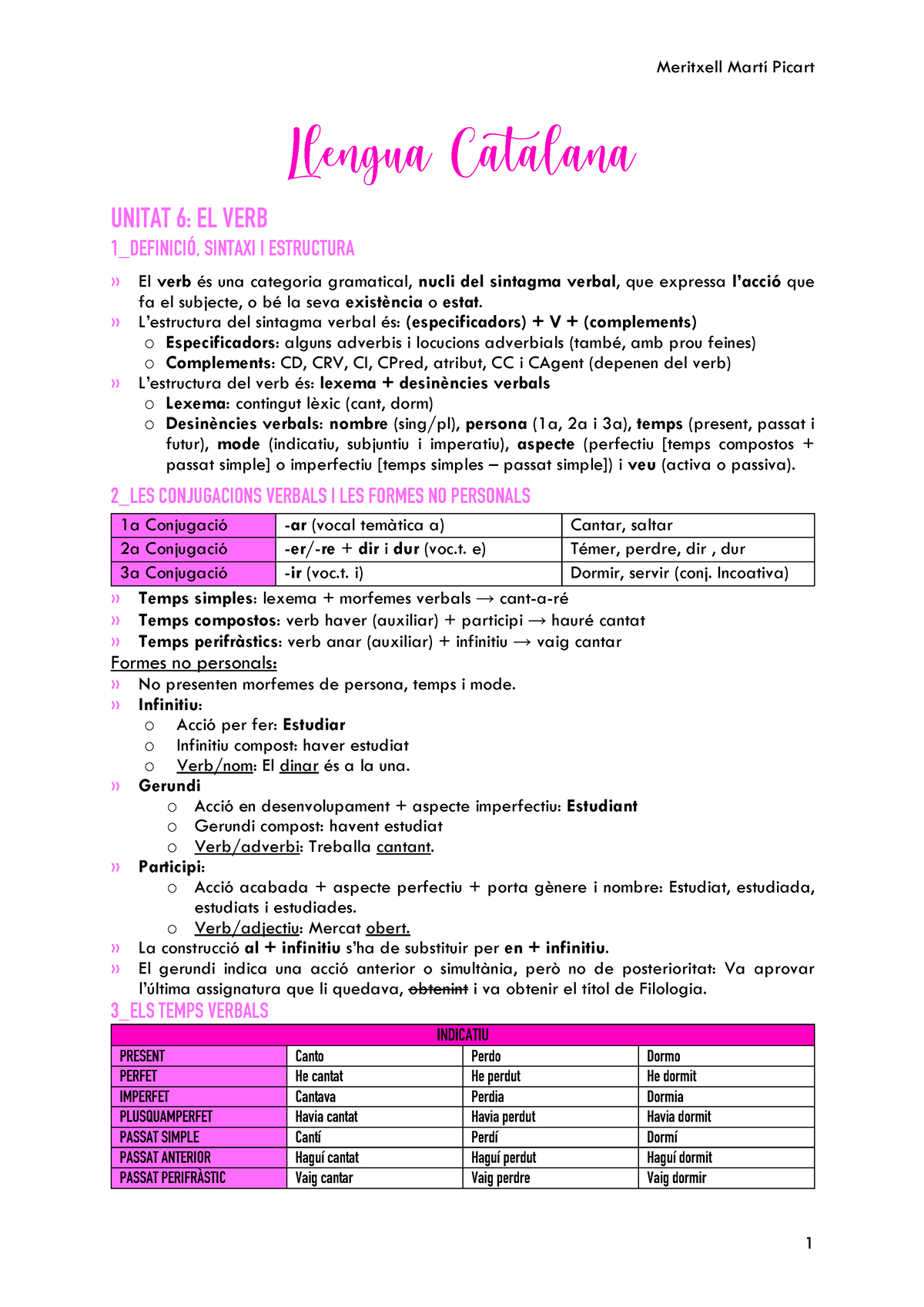 Apunts Verbs I Temps Verbals Llengua Catalana - Llengua Catalana UNITAT ...