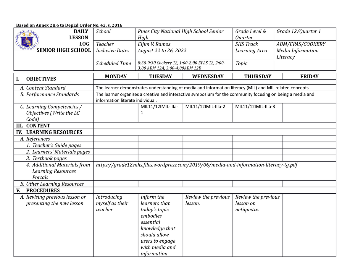 DLL MIL Grade 12 2022 23 - DLL Made For The First Week - Based On Annex ...