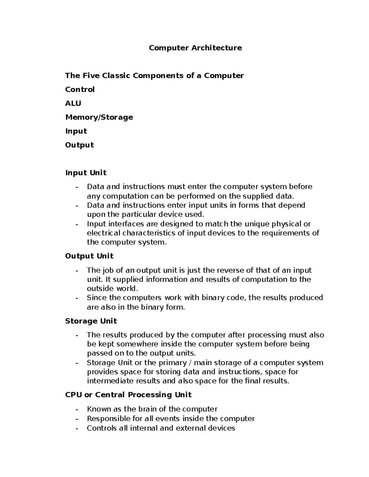 What is Computer Architecture - Computer Architecture The Five Classic ...