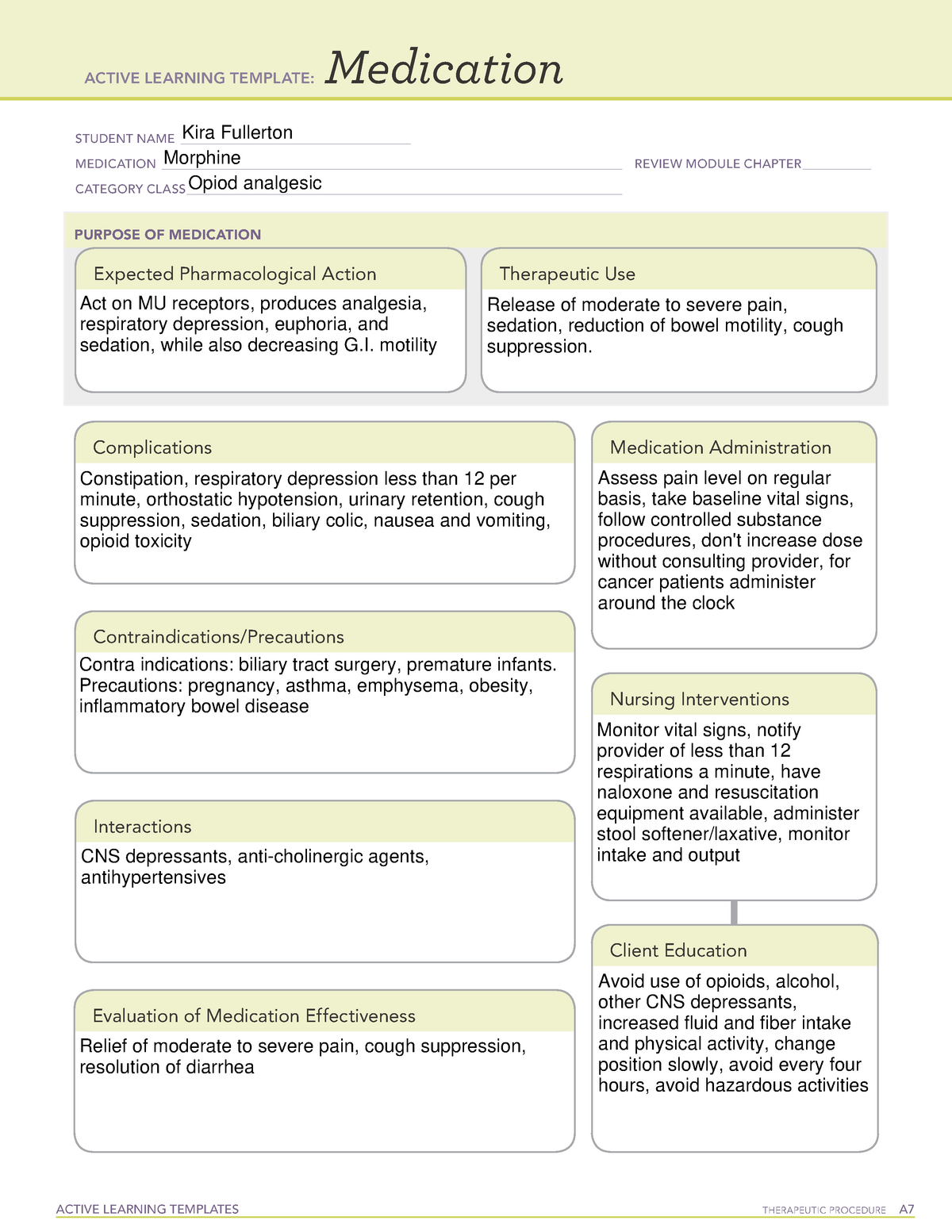 MED Morphine ATI medications sheet ACTIVE LEARNING TEMPLATES