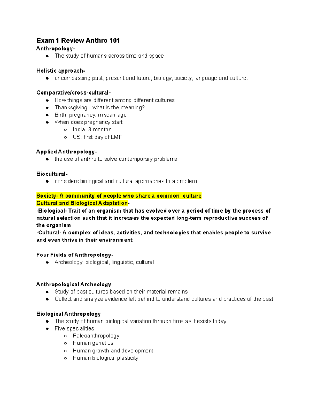 Exam 1 Review Anthro 101 - Exam 1 Review Anthro 101 Anthropology- The ...