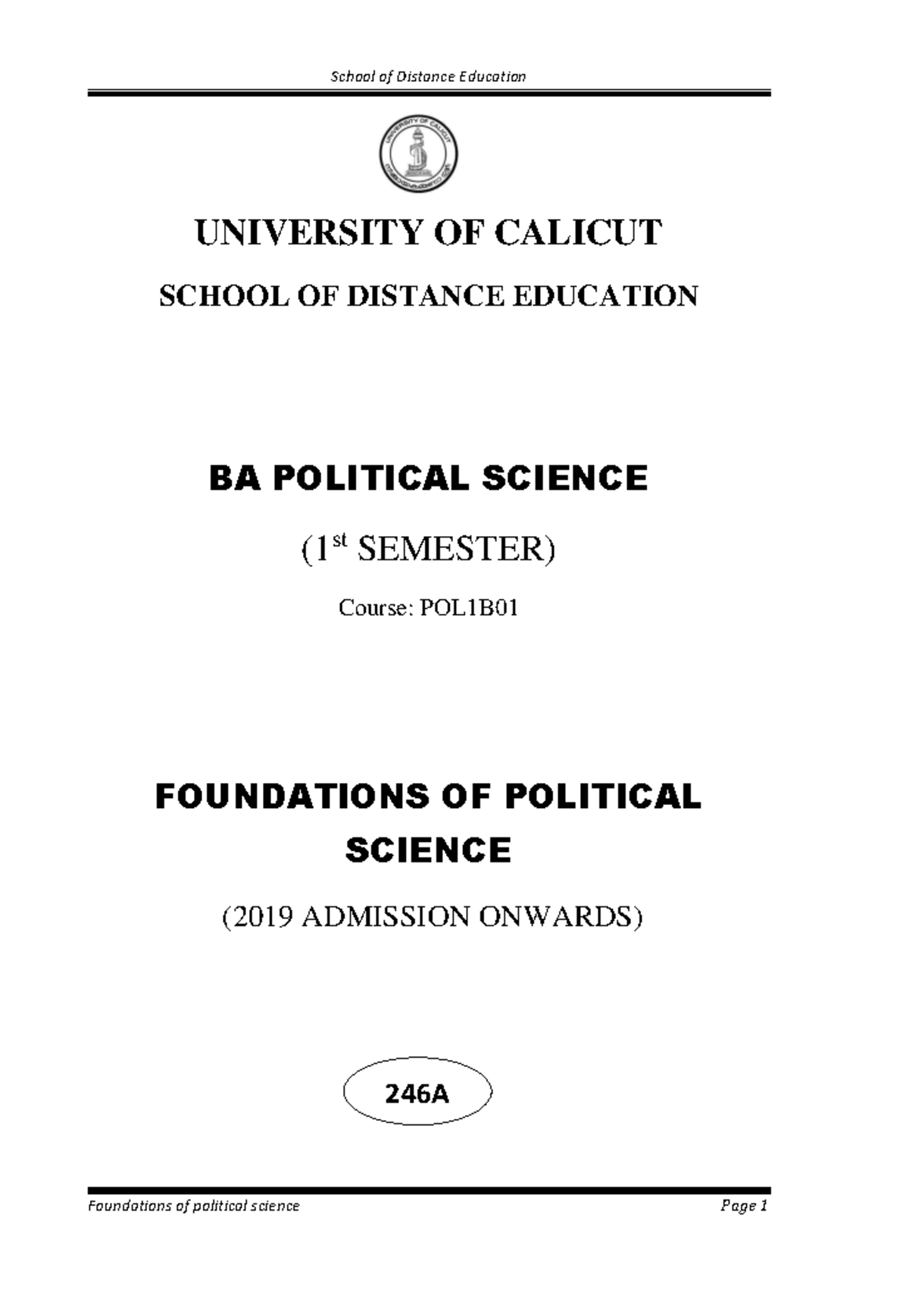 B.A Political Science (first Semester) - UNIVERSITY OF CALICUT SCHOOL ...